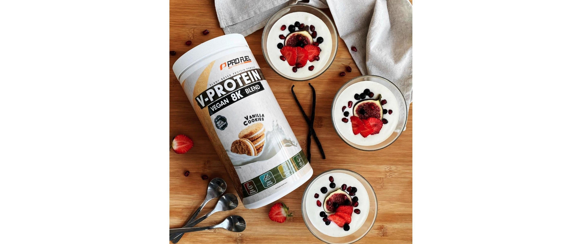 Profuel Pflanzliches Eiweisspulver V-Protein 8K Blend Vanille Cookie – glutenfrei, vegan – 750 g