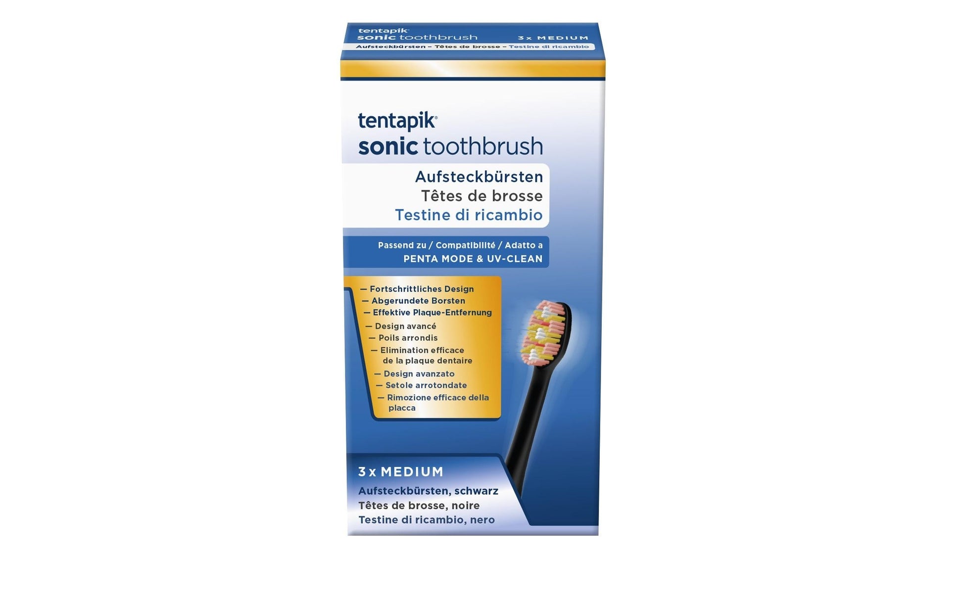 Tentapik Aufsteckbürsten Medium – für Tentapik Penta Mode, Tentapik UV Clean – 3 Stk – schwarz