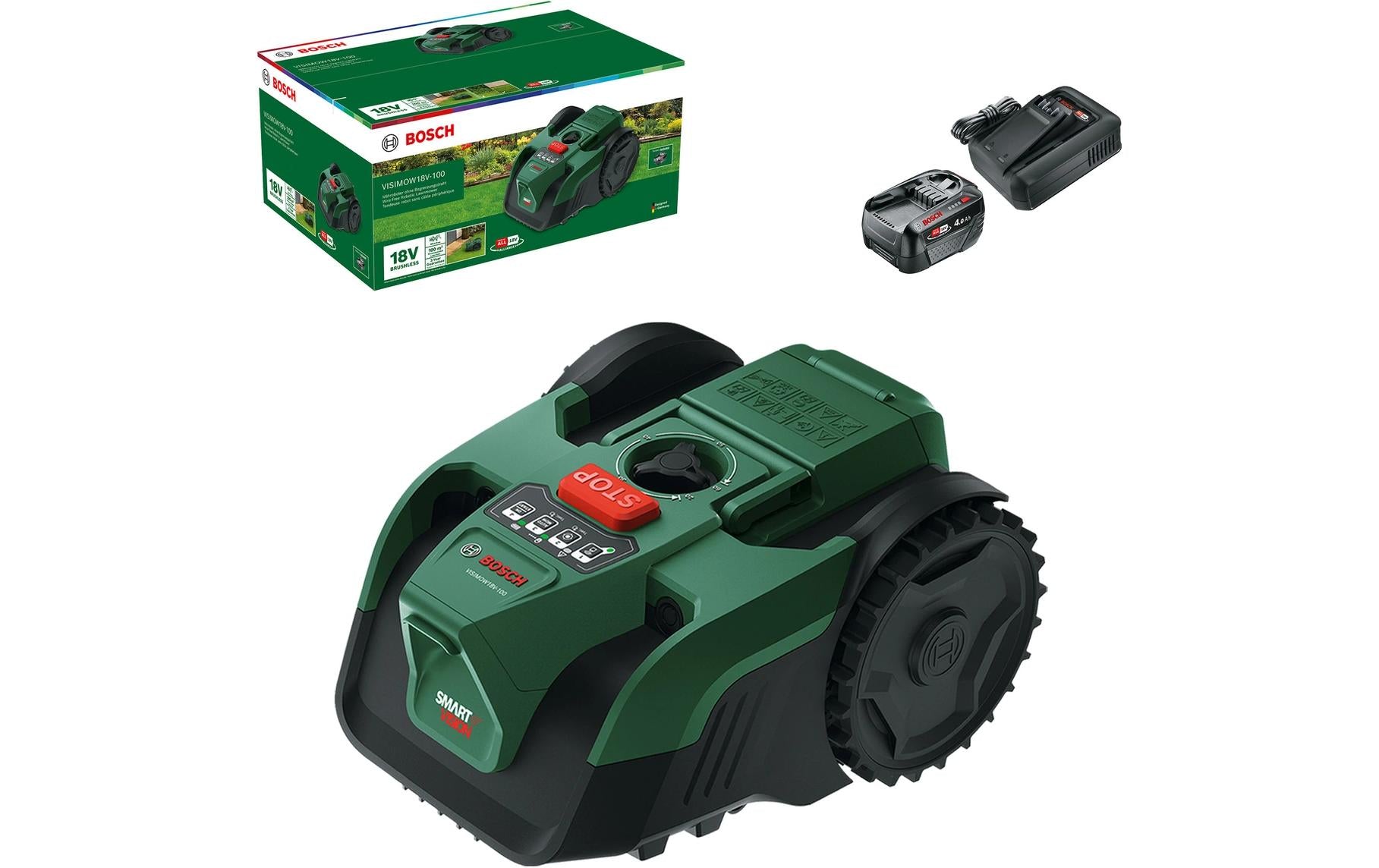 Bosch VISIMOW18V-100 Mähroboter – 18 V – Schnittbreite 160 mm – Mähfläche 100 m² – 1×4,0 Ah Akku