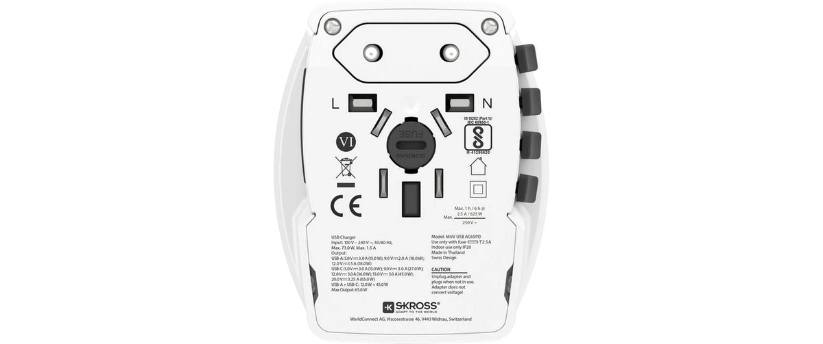 SKROSS – Reiseadapter – Welt → Schweiz, 2-polig (ungeerdet), 1× USB-C 65W – weiss
