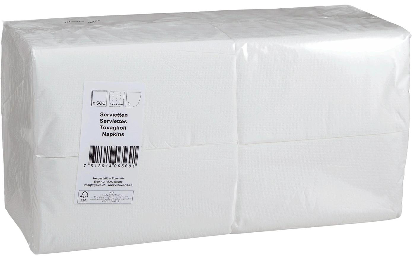Elco Servietten weiss – 33 × 33 cm, 1-lagig, 1/8-Falz – 500 Stück