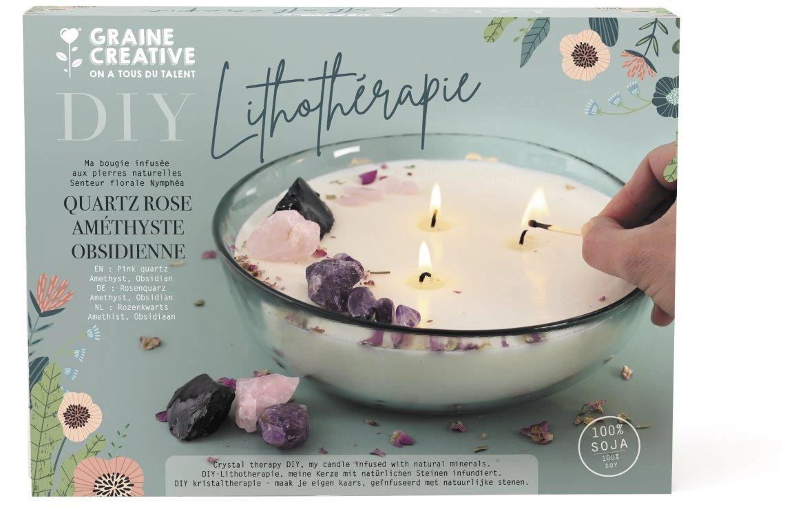 Graine créative Kerzengiessform – Lithotherapie-Set mit Sojawachs & Rosenquarz, Amethyst