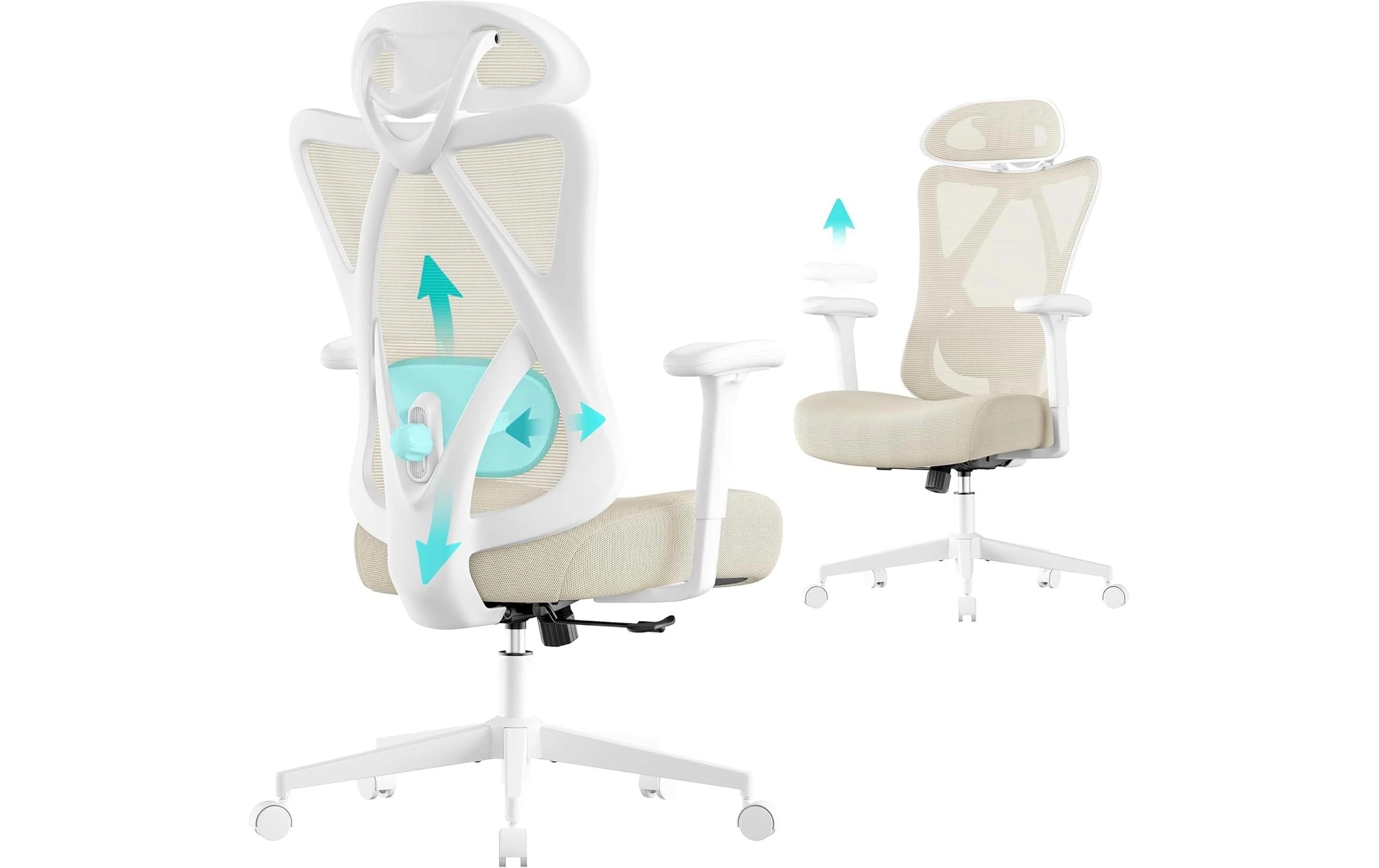 Songmics Bürostuhl – Netzrücken – Beige, mit Kopfstütze, Armlehnen, bis 150 kg