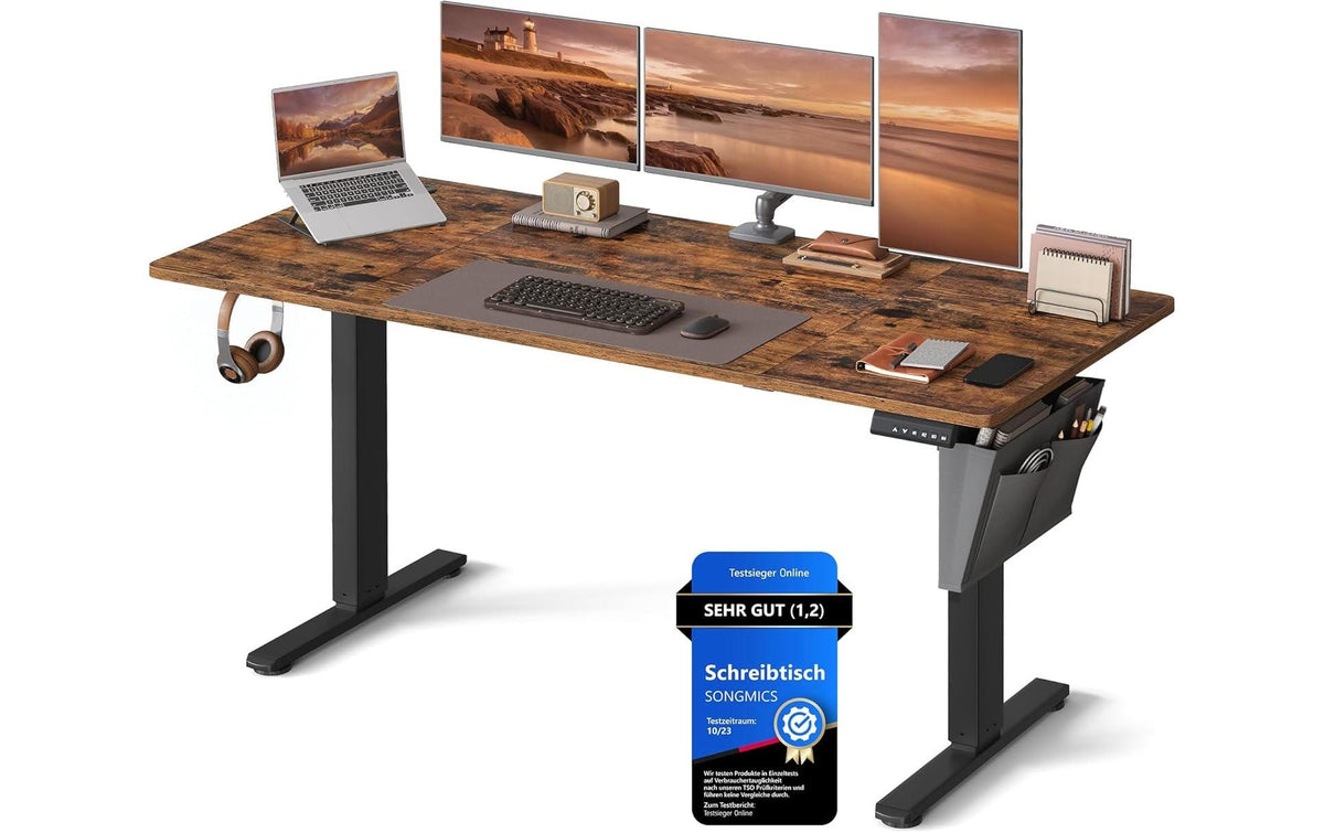 Songmics Höhenverstellbarer Tisch, 70 × 160 cm, 70 kg, Schwarz/Braun, Spanplatte/Stahl