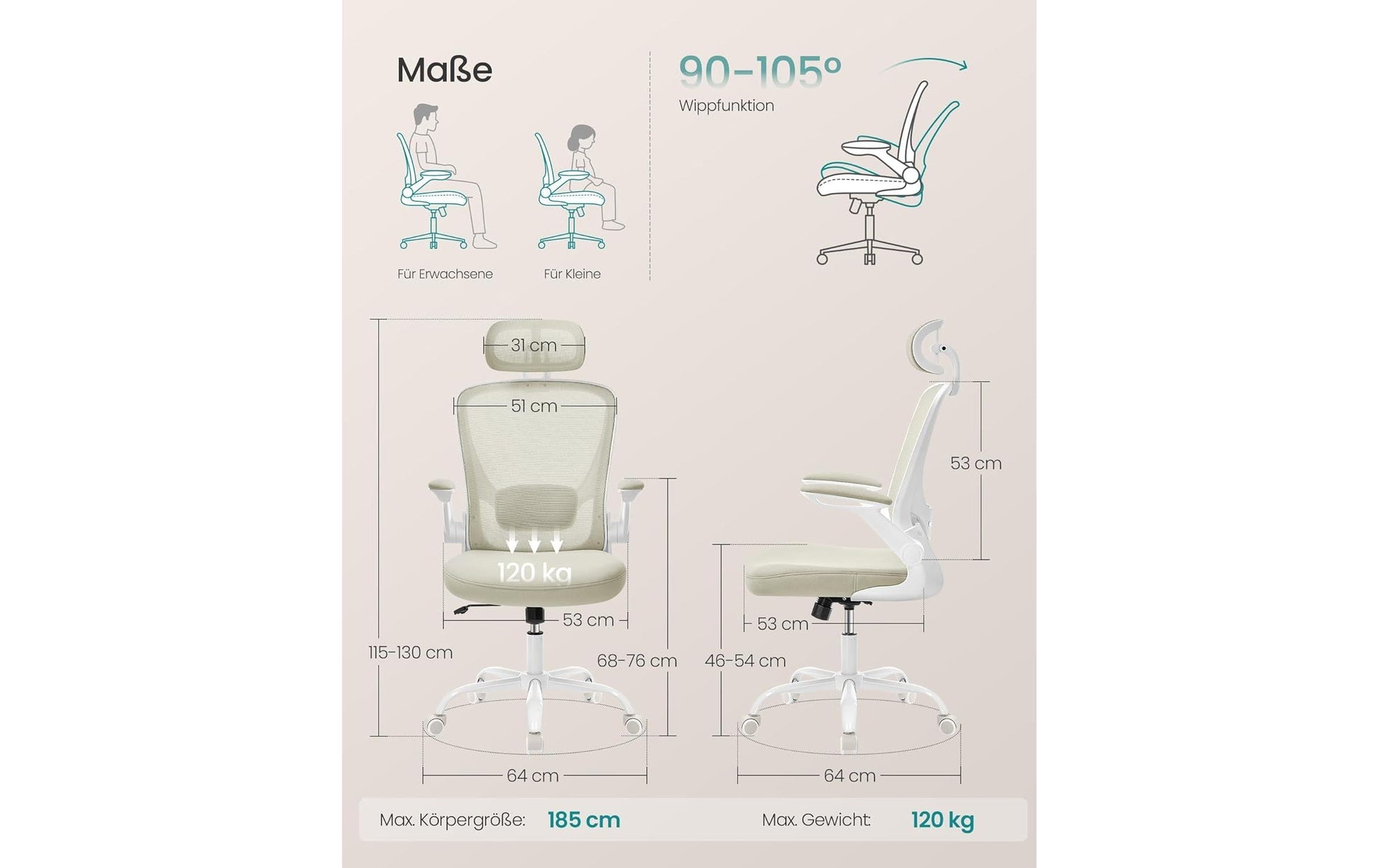Songmics Bürostuhl – Netzrücken – Beige, Armlehnen, 46–54 cm, bis 120 kg
