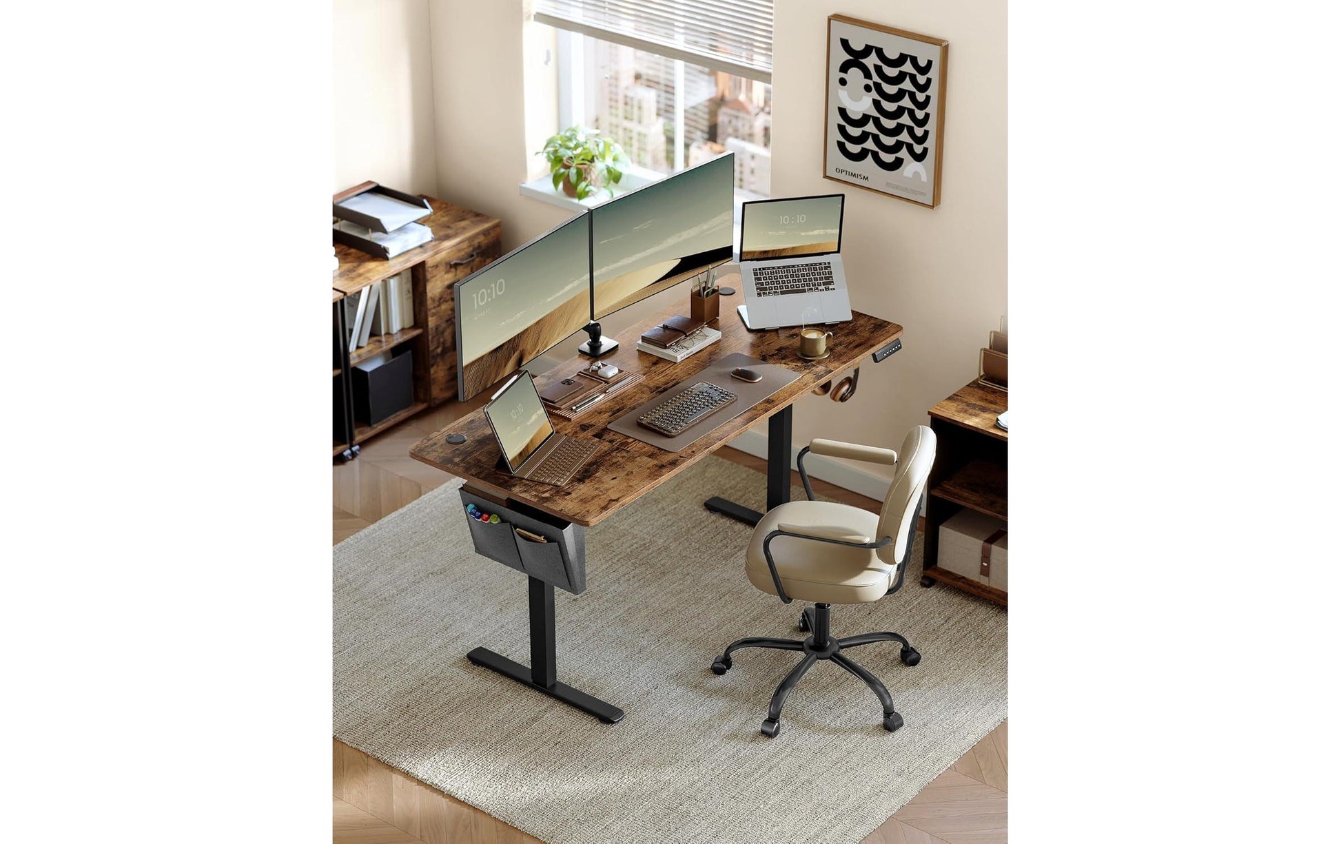 Songmics Höhenverstellbarer Tisch, 70 × 160 cm, 70 kg, Schwarz/Braun, Spanplatte/Stahl