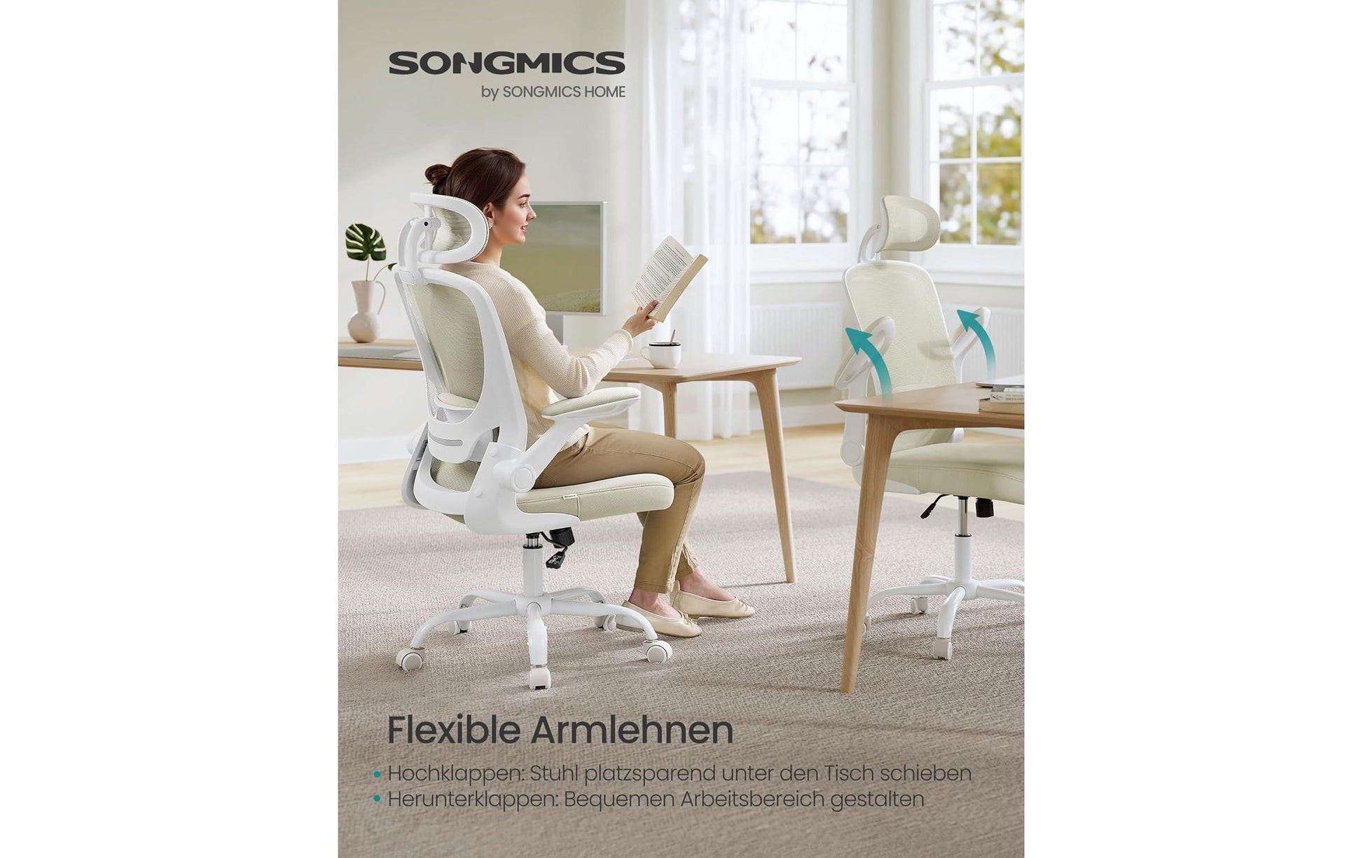Songmics Bürostuhl – Netzrücken – Beige, Armlehnen, 46–54 cm, bis 120 kg