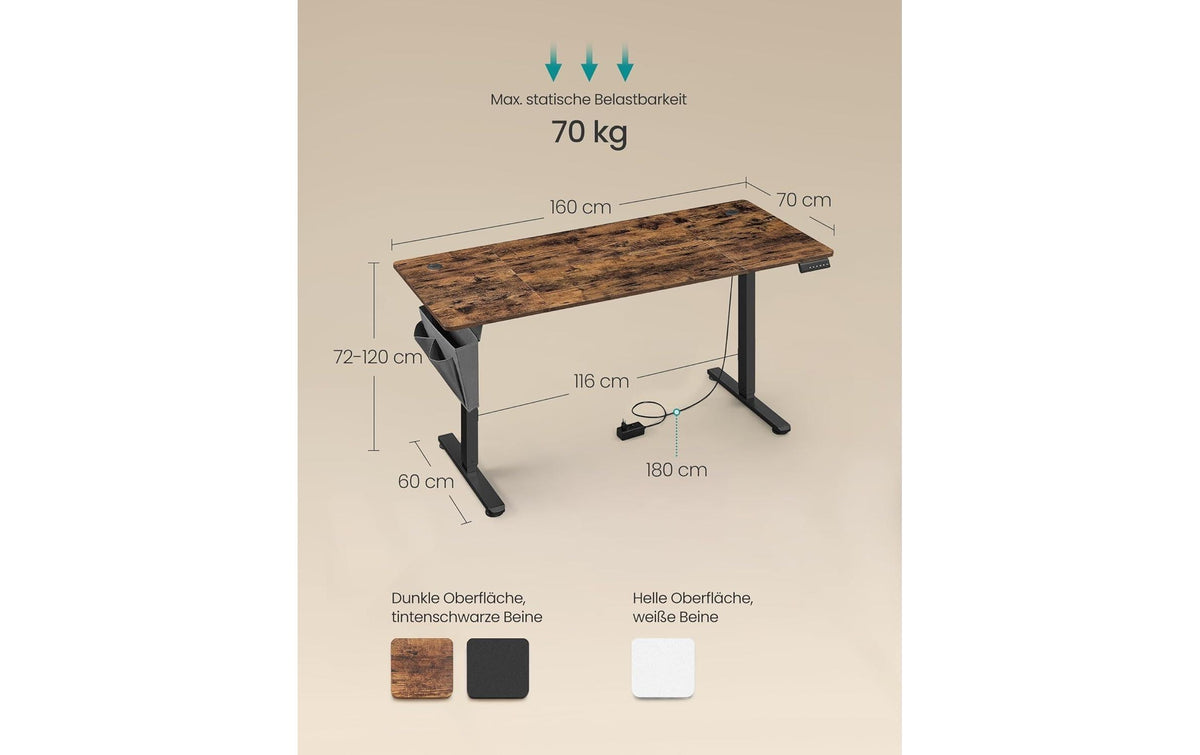 Songmics Höhenverstellbarer Tisch, 70 × 160 cm, 70 kg, Schwarz/Braun, Spanplatte/Stahl