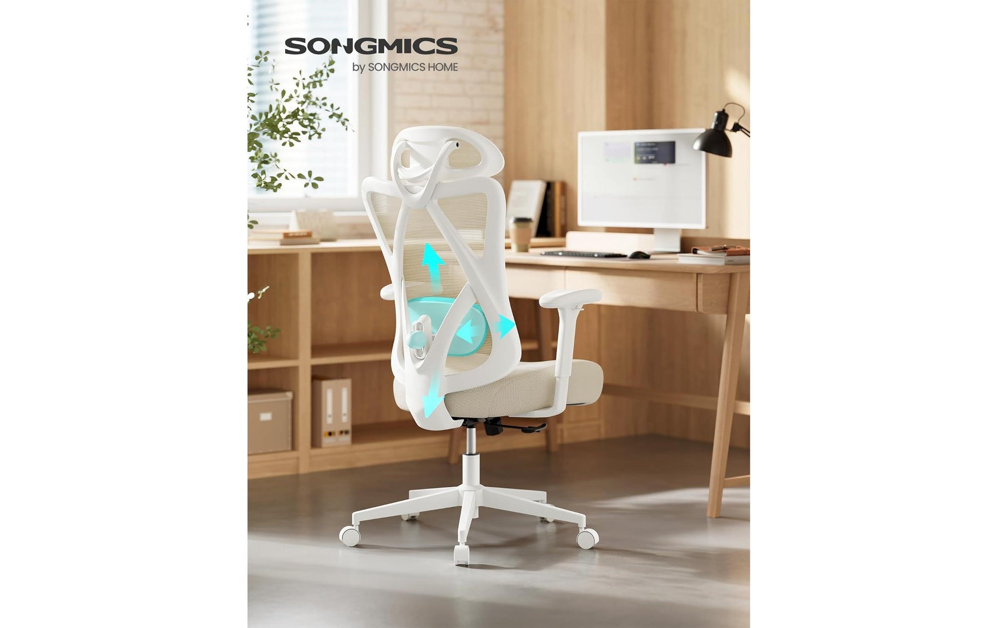 Songmics Bürostuhl – Netzrücken – Beige, mit Kopfstütze, Armlehnen, bis 150 kg