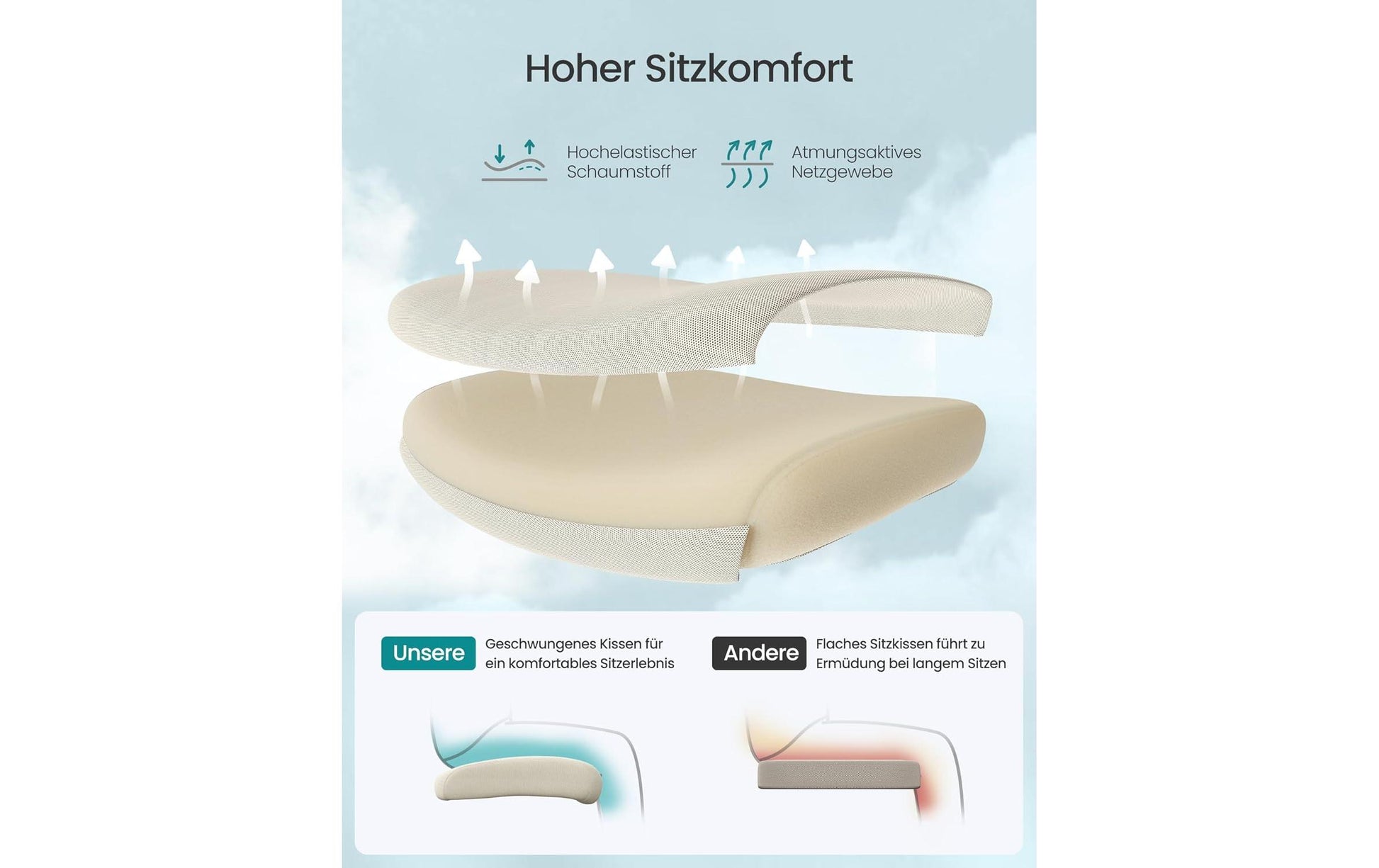 Songmics Bürostuhl – Netzrücken – Beige, mit Kopfstütze, Armlehnen, bis 150 kg