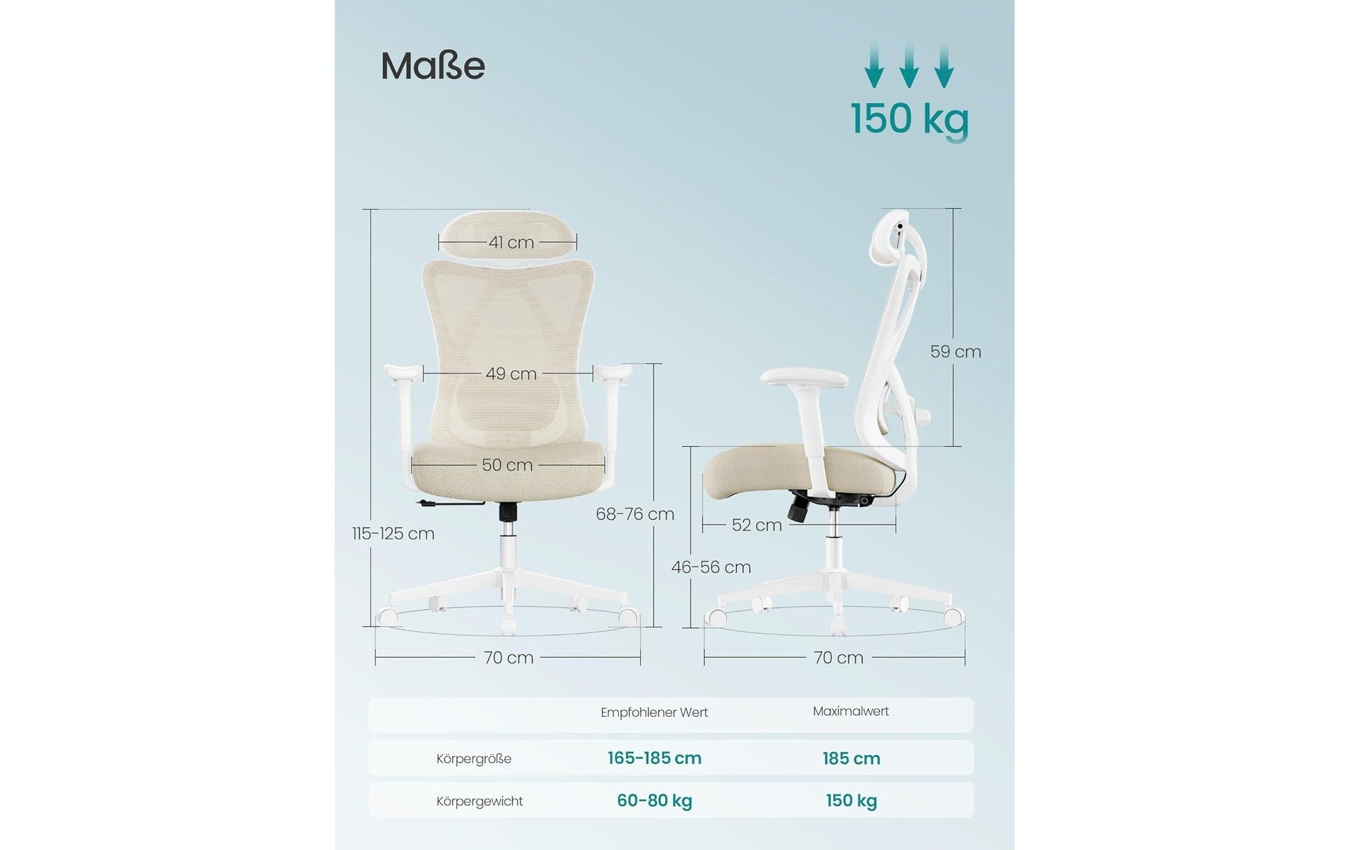 Songmics Bürostuhl – Netzrücken – Beige, mit Kopfstütze, Armlehnen, bis 150 kg