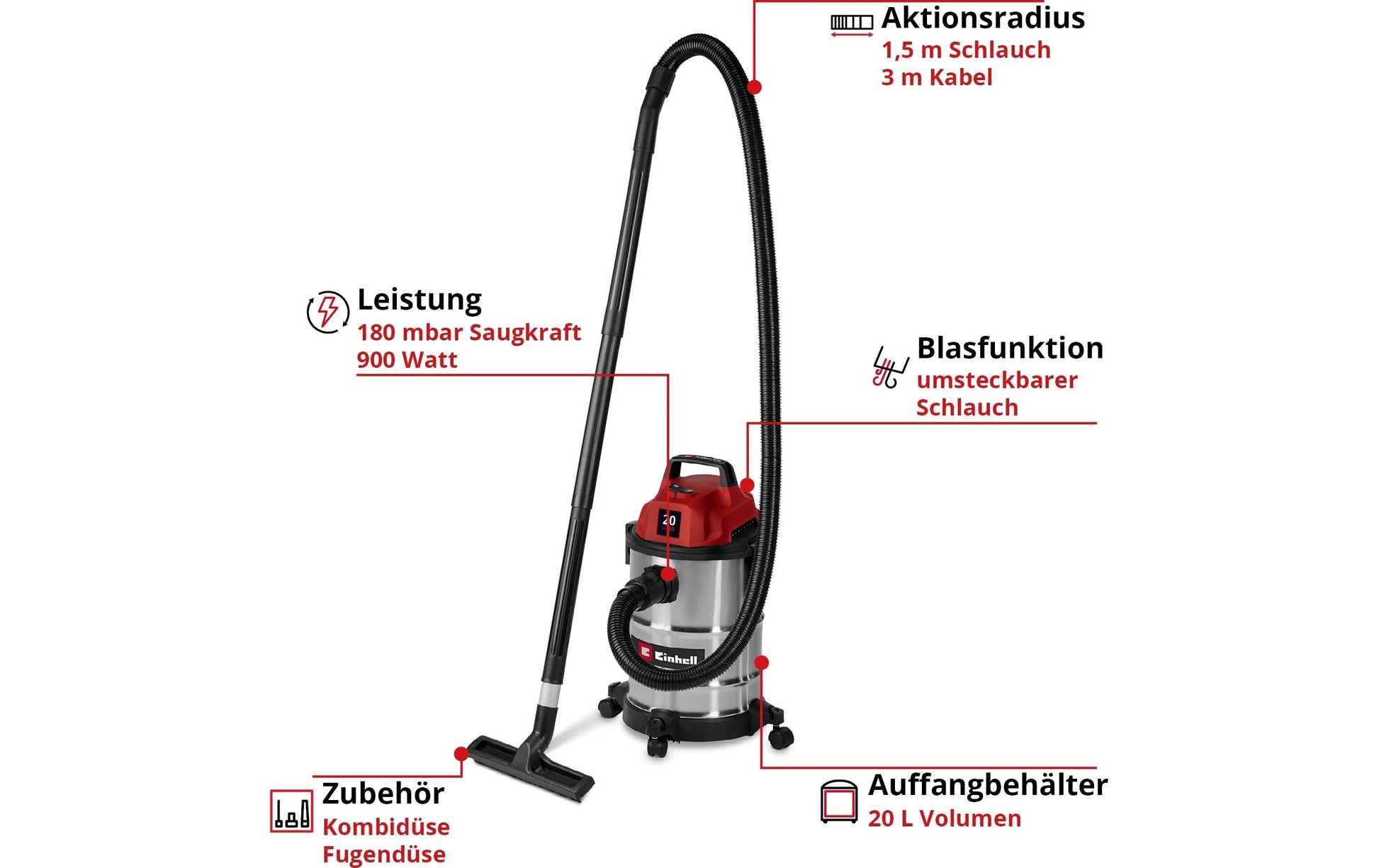 Einhell Nass-/Trockensauger TC-VC 2045 S – 20 l, 900 W, mit Steckdose