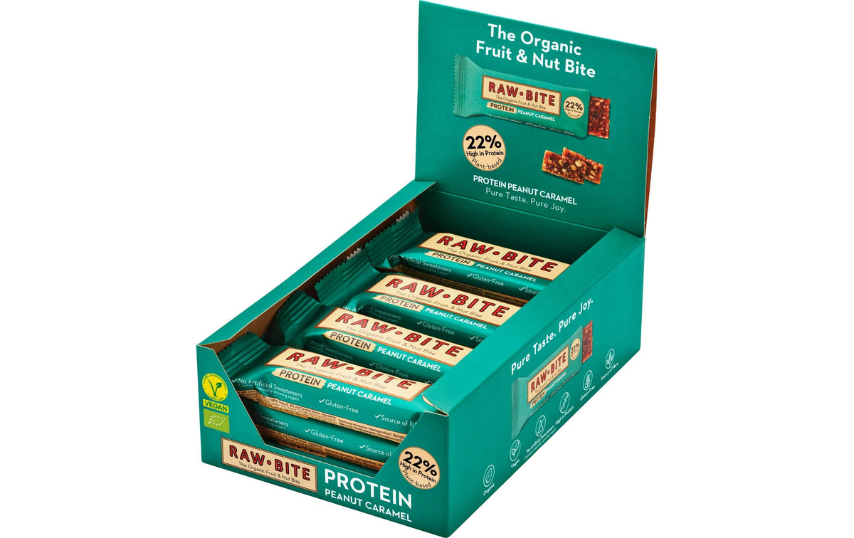 Rawbite Protein-Riegel – Erdnuss & Karamell, bio, vegan – 12 × 45 g