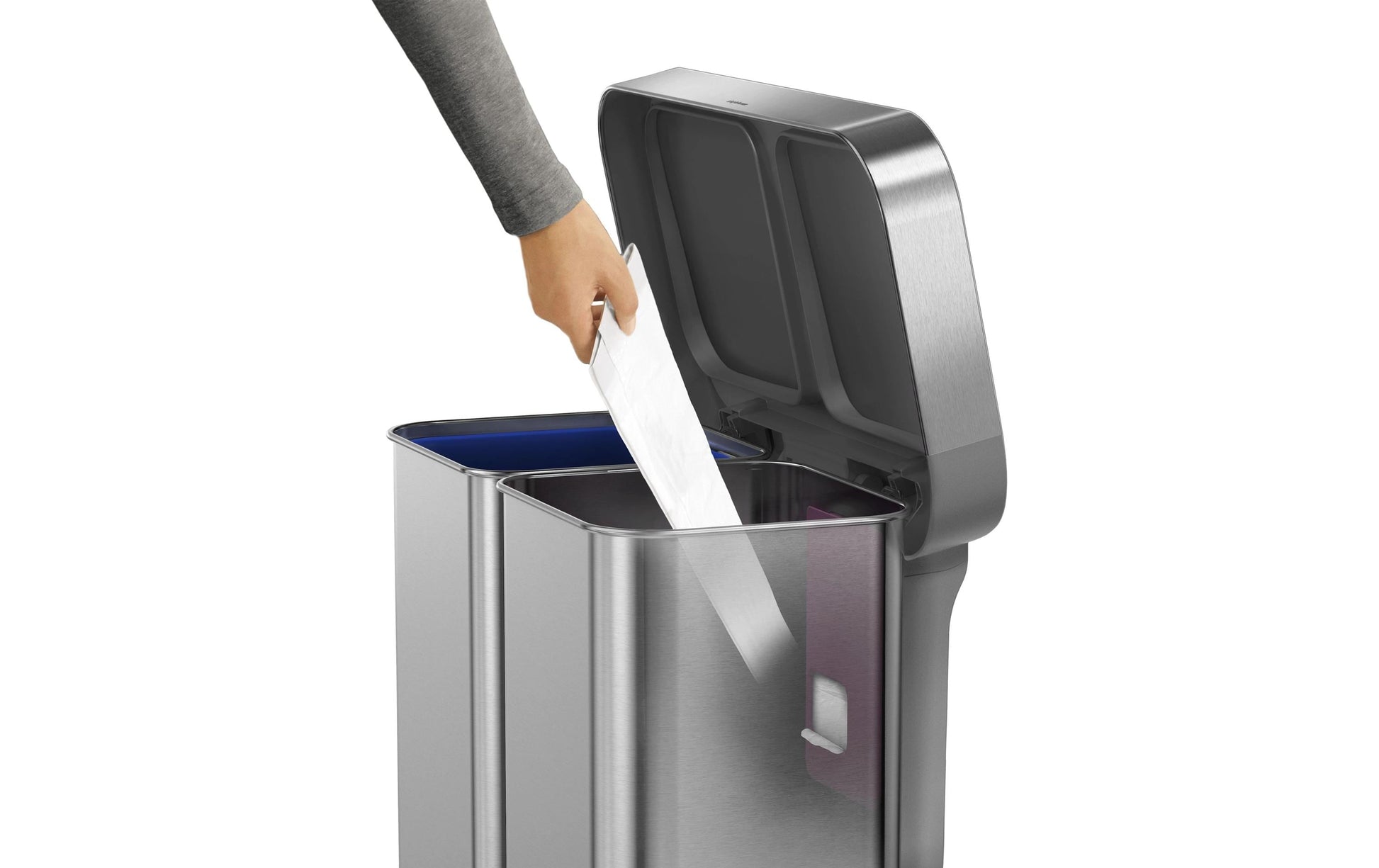 Simplehuman Systempapierkorb – 58 l – Edelstahl, rechteckig – Doppelkammer