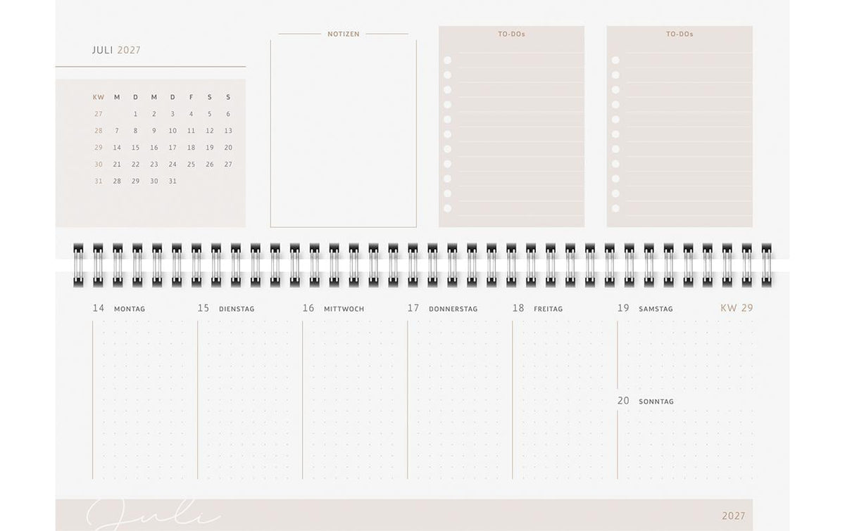 Rido idé DesignLine – Tischkalender 2027, 1 Woche/2 Seiten, 29,7 × 10,5 cm, Spiralbindung, Moon