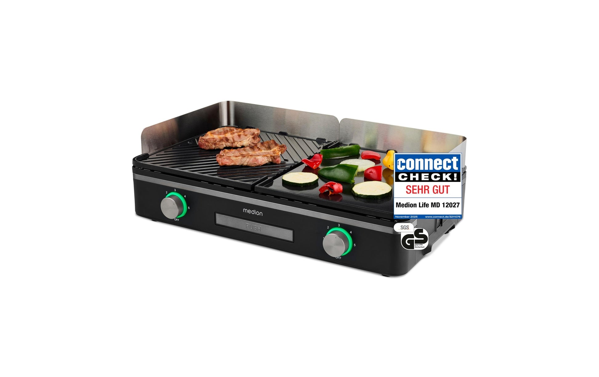 Medion Tischgrill MD 12027 – Grillfläche 52 × 28 cm, 2400 W, Antihaftbeschichtung – Grau/Silber