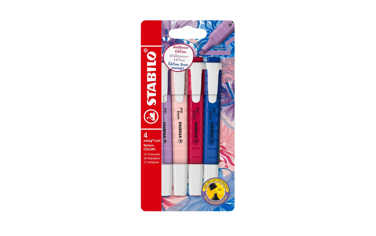 STABILO Swing Cool Wildflower Textmarker – 4er Set, Farben: Grauviolett/Blush/Burgunderrot …, Keilspitze 1–4 mm