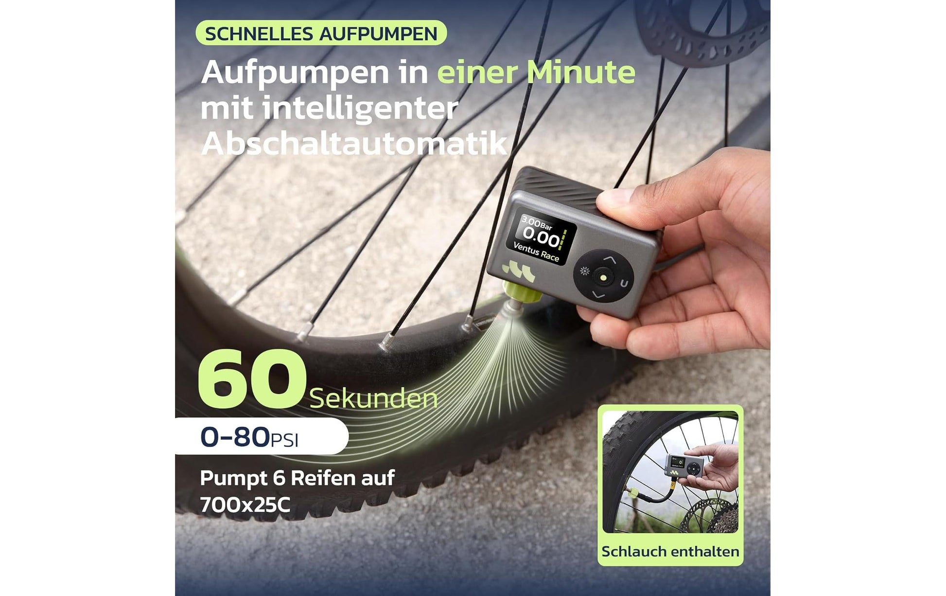 Woowind Ventus Race Luftpumpe – Elektrische Pumpe – 8,27 bar – Dunlop, Schrader, Sclaverand/Presta
