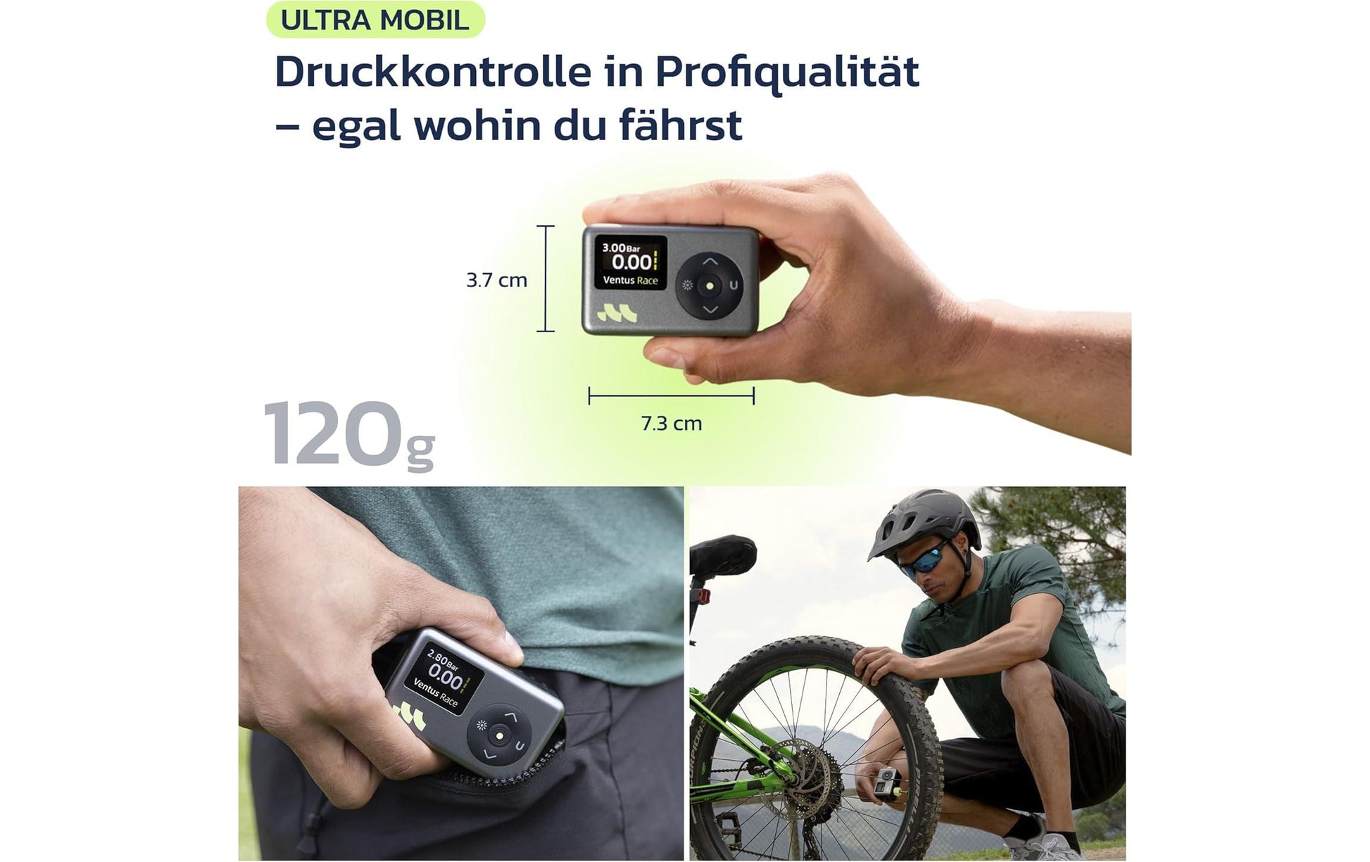Woowind Ventus Race Luftpumpe – Elektrische Pumpe – 8,27 bar – Dunlop, Schrader, Sclaverand/Presta