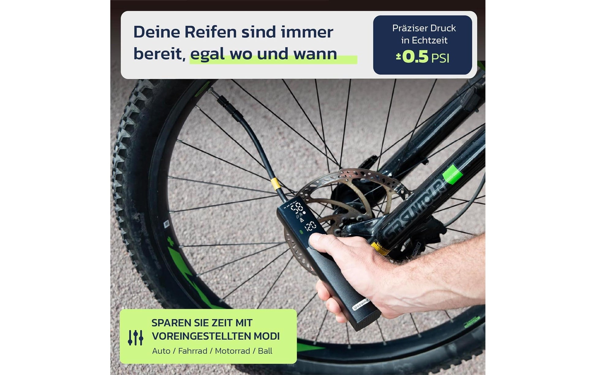 Woowind Ventus Ride Elektrische Luftpumpe – 8 W – 10,3 bar – 2,4 Ah – für Dunlop, Schrader, Sclaverand/Presta