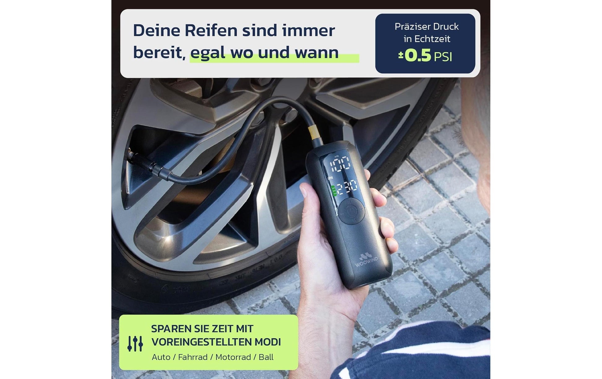 Woowind LP1 Elektrische Luftpumpe – 27 W – 10 bar – 4,0 Ah – Sclaverand/Presta – Schwarz
