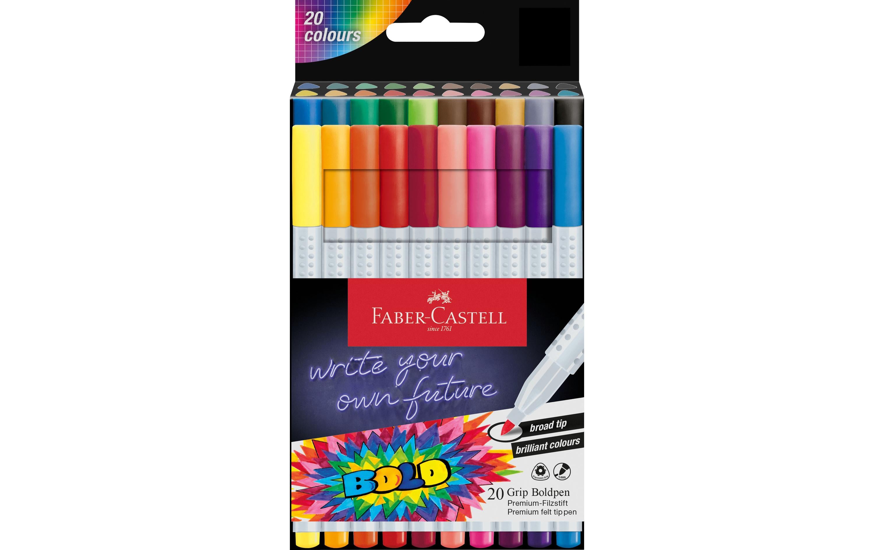 Faber-Castell Boldpen Grip Filzstifte – Rundspitze, 1 mm, auswaschbar, 20er Set