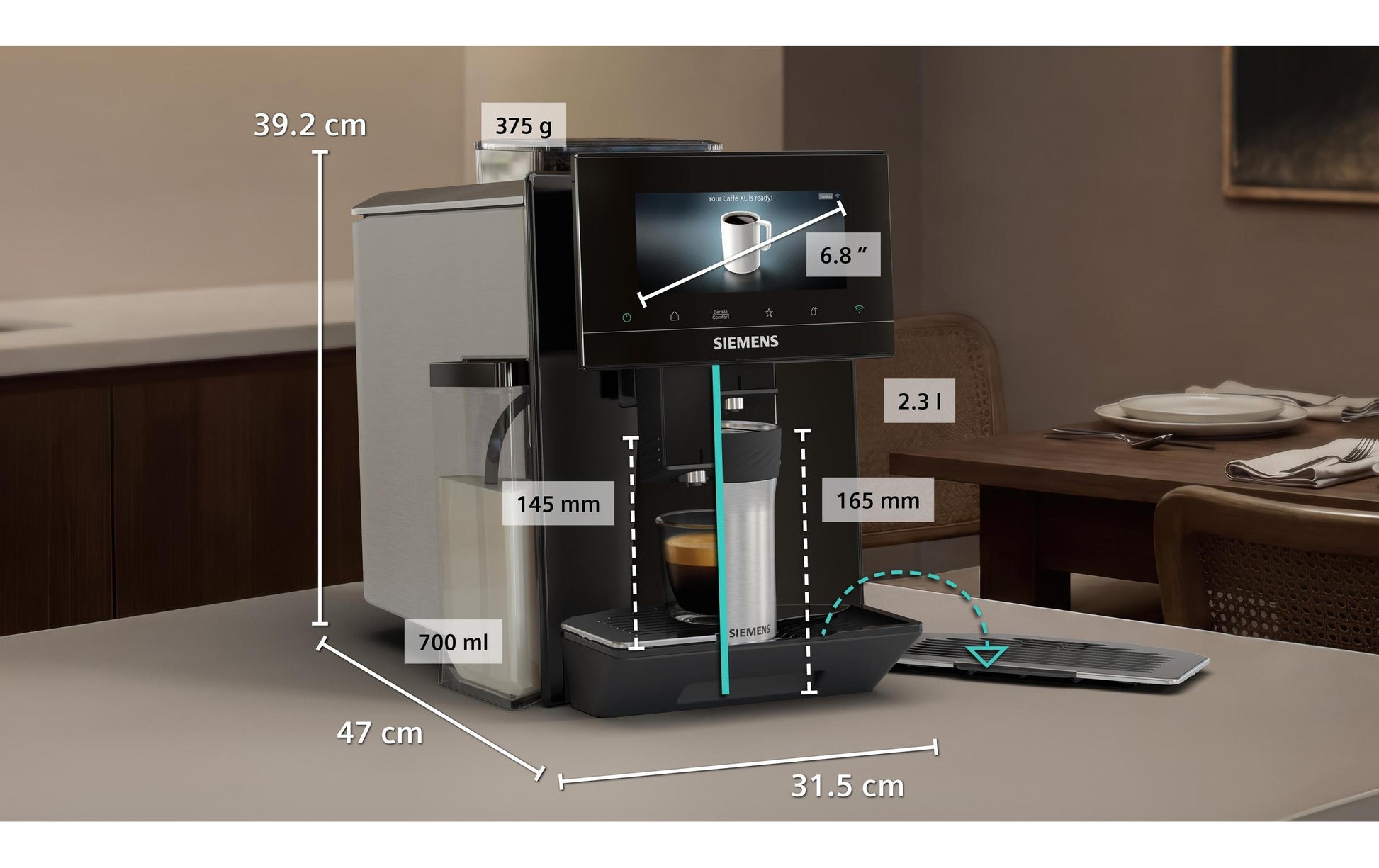 Siemens TQ923E09 Kaffeevollautomat – 2,3 l, 375 g Bohnenbehälter, Schwarz, 31,5 × 39,2 × 47 cm