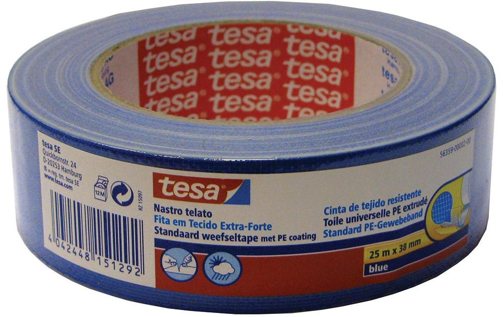 TESA Gewebeband/Gaffa – 38 mm × 25 m, Blau, Polyethylen-beschichtetes Gewebe, 1 Stück