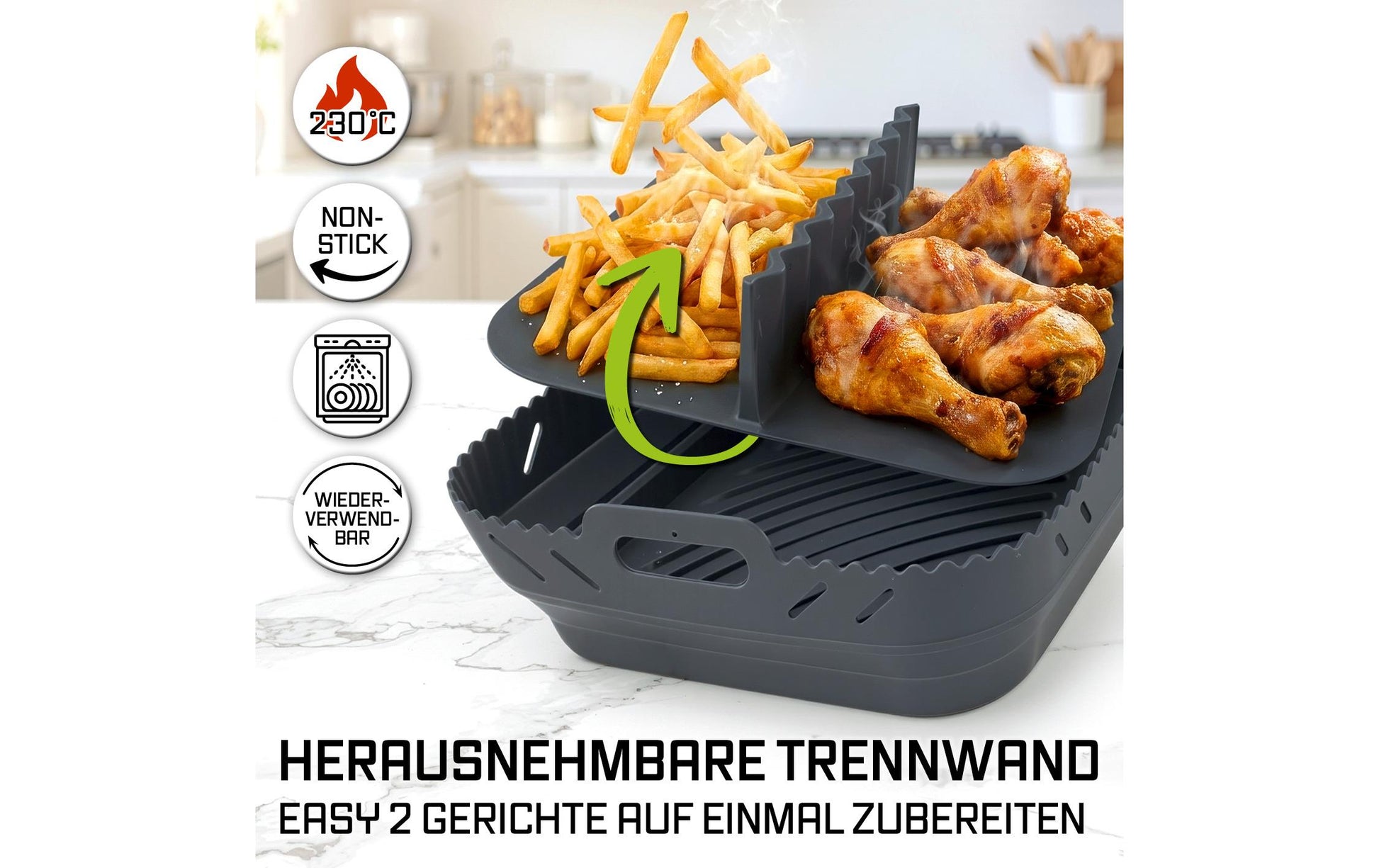 Gourmetmaxx Silikonform für Heissluftfritteusen – 21 × 21 × 8 cm, Silikon, Anthrazit