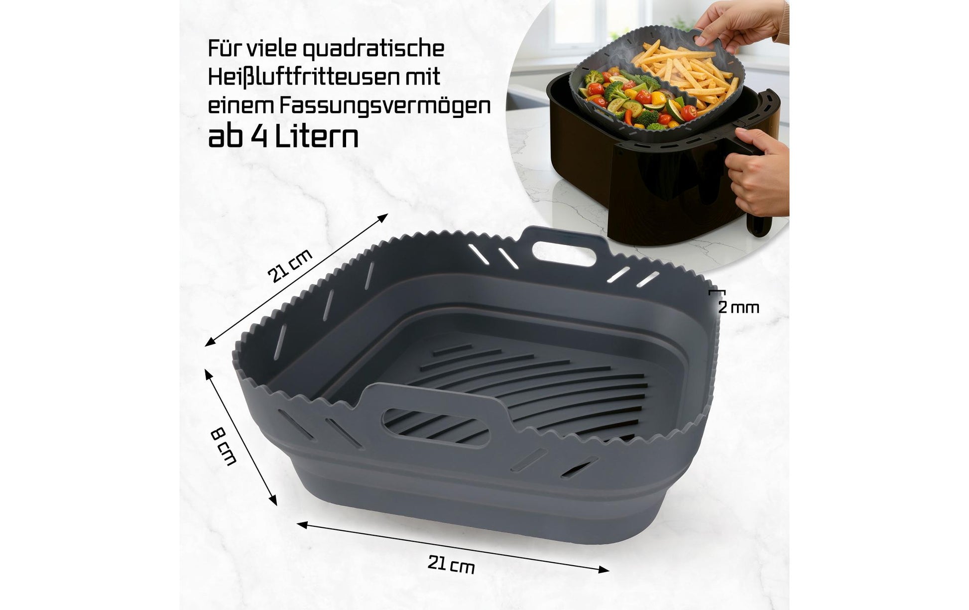 Gourmetmaxx Silikonform für Heissluftfritteusen – 21 × 21 × 8 cm, Silikon, Anthrazit
