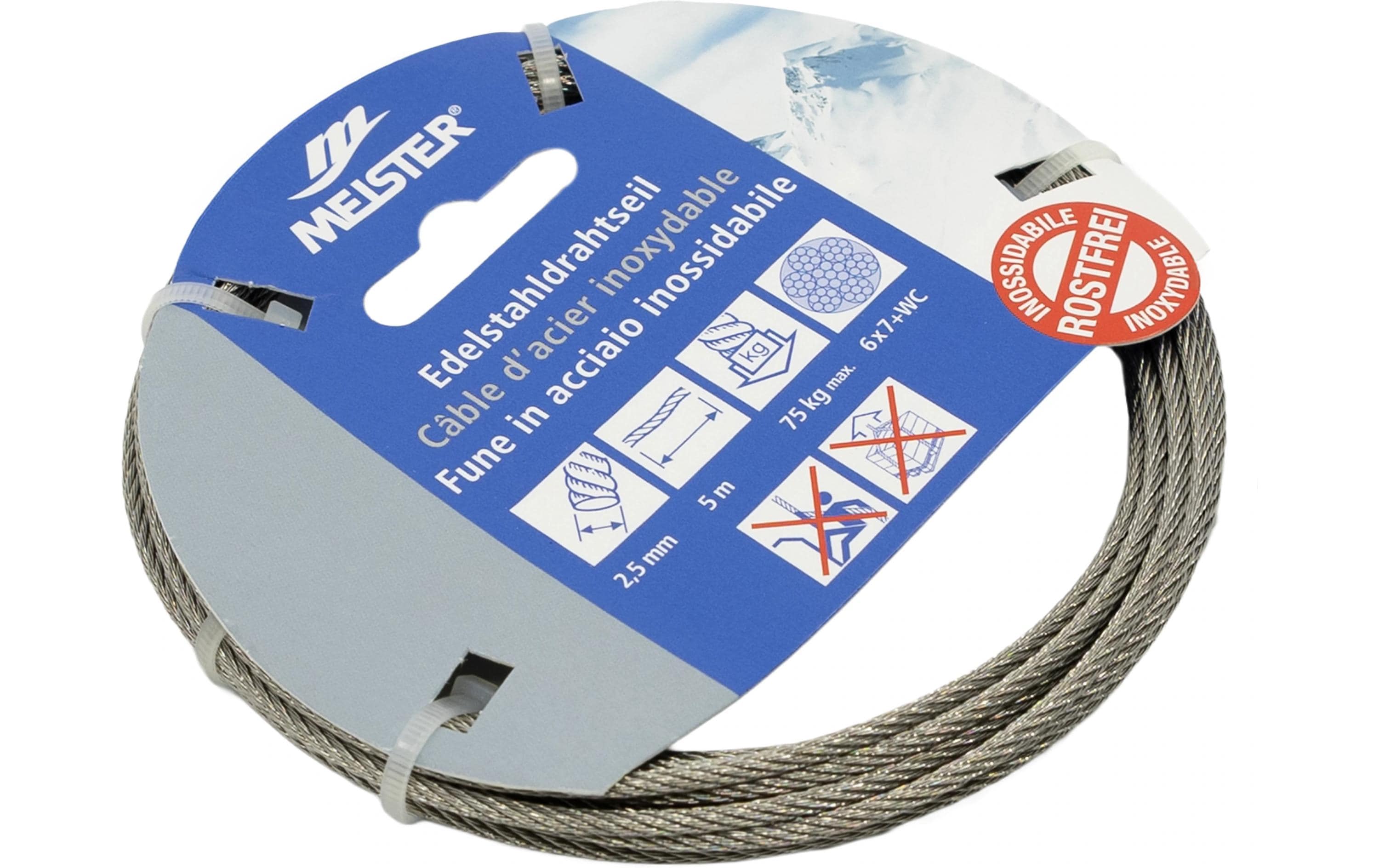 Meister Drahtseil – Ø 2,5 mm × 5 m, Edelstahl, Silber, Belastbarkeit 75 kg, Mindestbruchkraft 360 kg