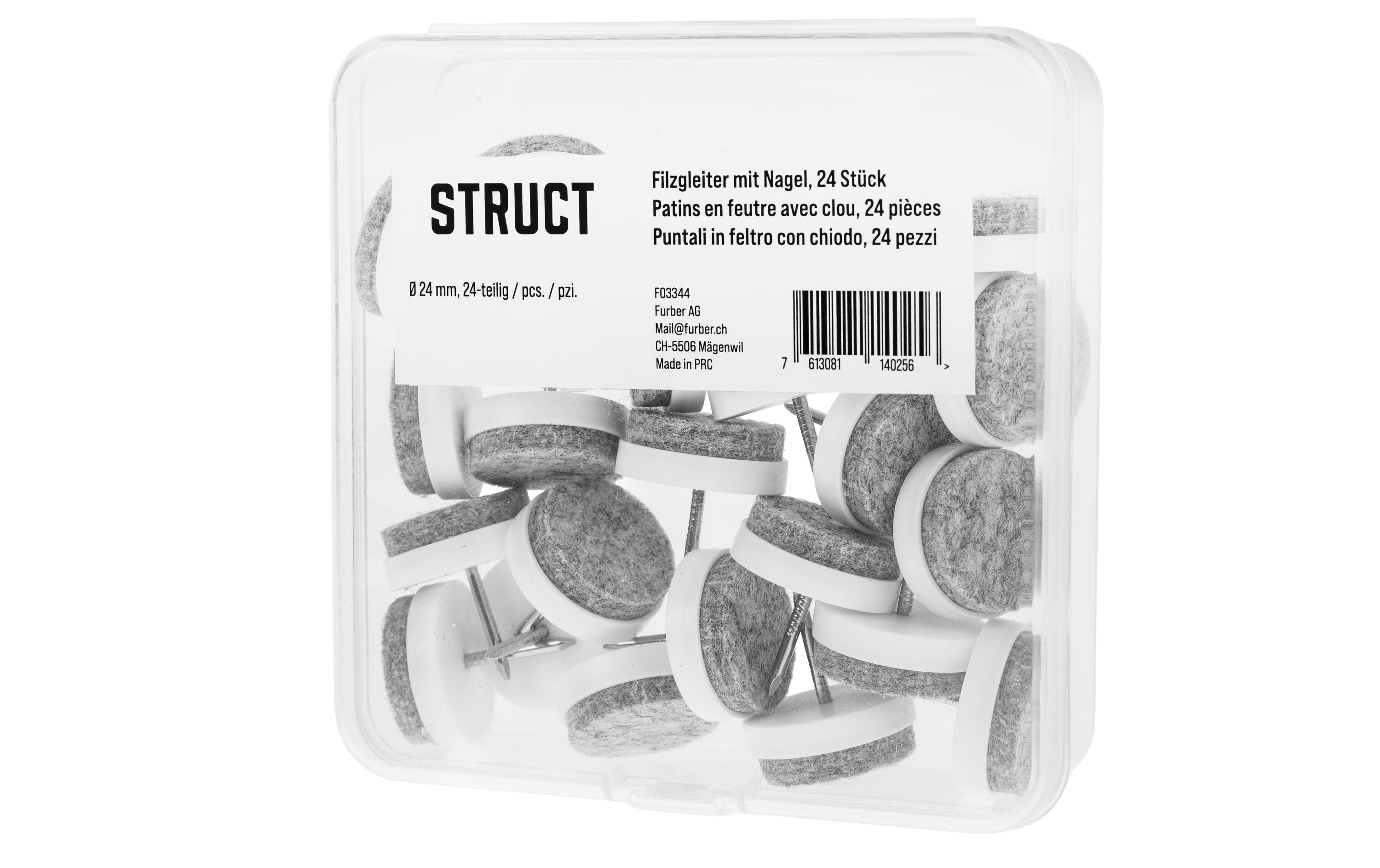 Struct Filzgleiter mit Nagel, 24 Stück – Filz – Grau/Weiss – Ø 24 mm