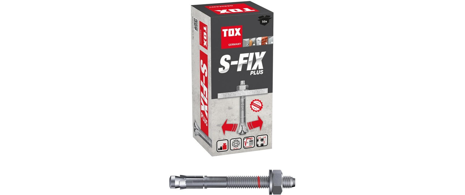 Tox-dübel Bolzenanker S-Fix Plus – Ø 10 × 80 mm, Stahl, verzinkt, 50 Stk., für Beton