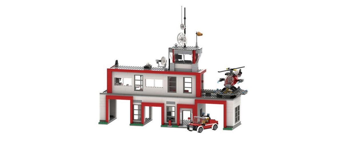 BRIXIES Plus Bausteine Feuerwehr-Station – 951-teilig – 30 × 8 × 38 cm – ab 8 J. – ABS, rot/weiss