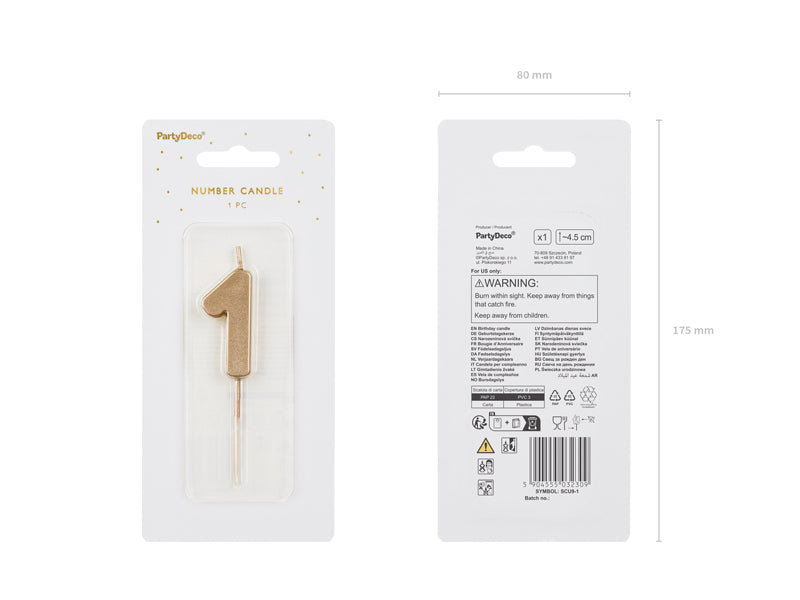 PartyDeco Geburtstagskerze Zahl 1 – Gold – 5 cm – 1 Stk