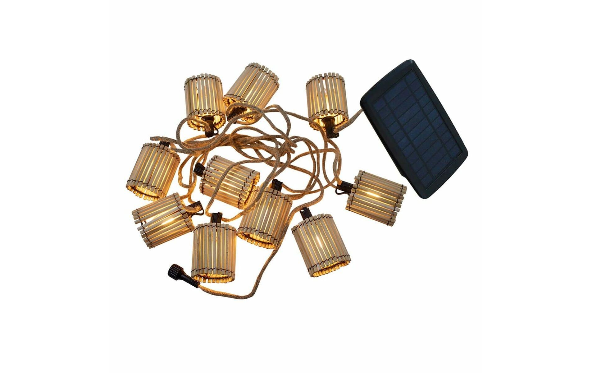 New Garden Lichterkette – 150 lm – Warmweiss – IP44 – Akkubetrieb, Solarbetrieb, USB – Timer – Braun, Bambus