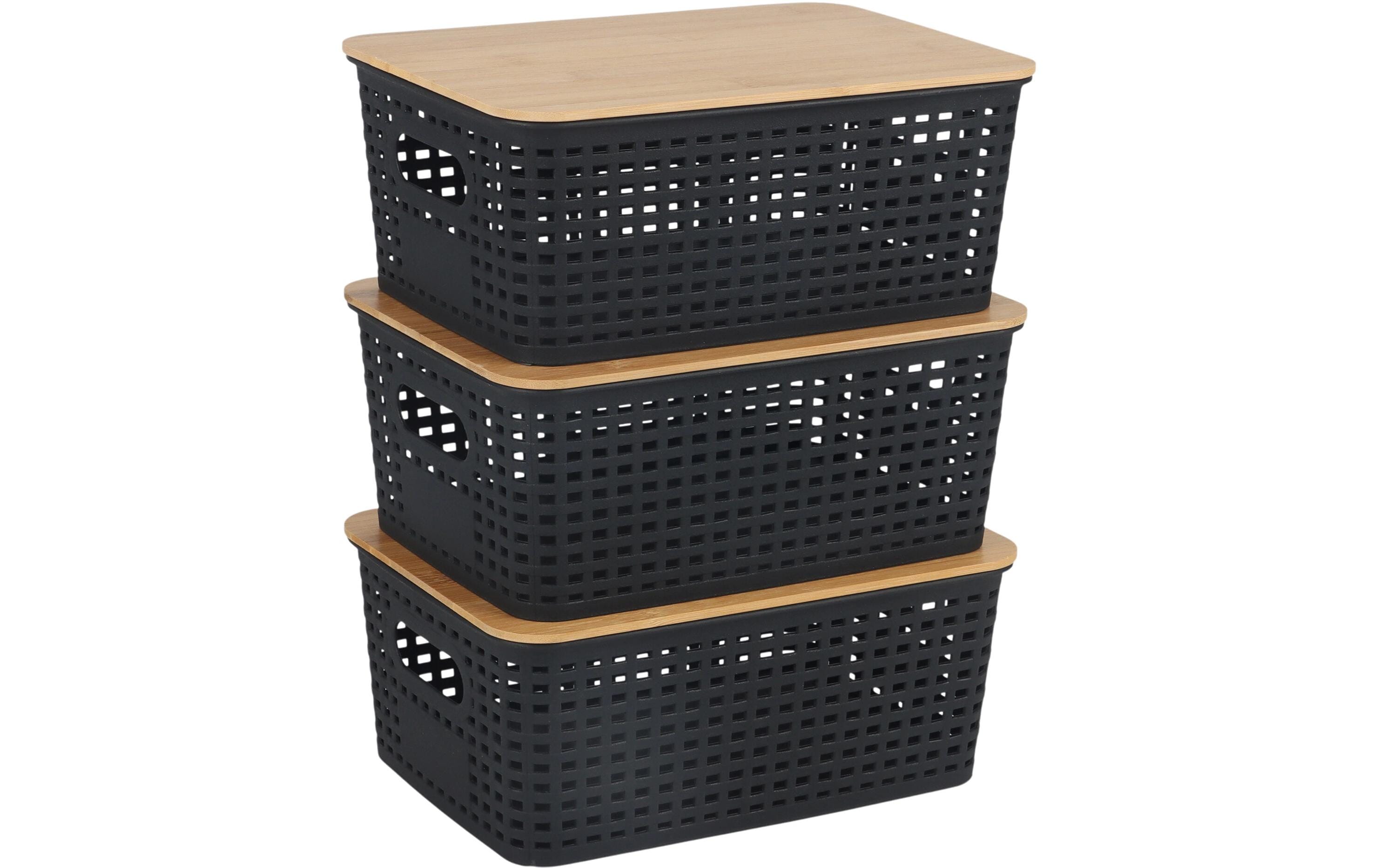 Relaxdays Aufbewahrungsbox mit Deckel – Kunststoff/Bambus – Natur/Schwarz – 255 × 105 × 180 mm – 3-teiliges Set