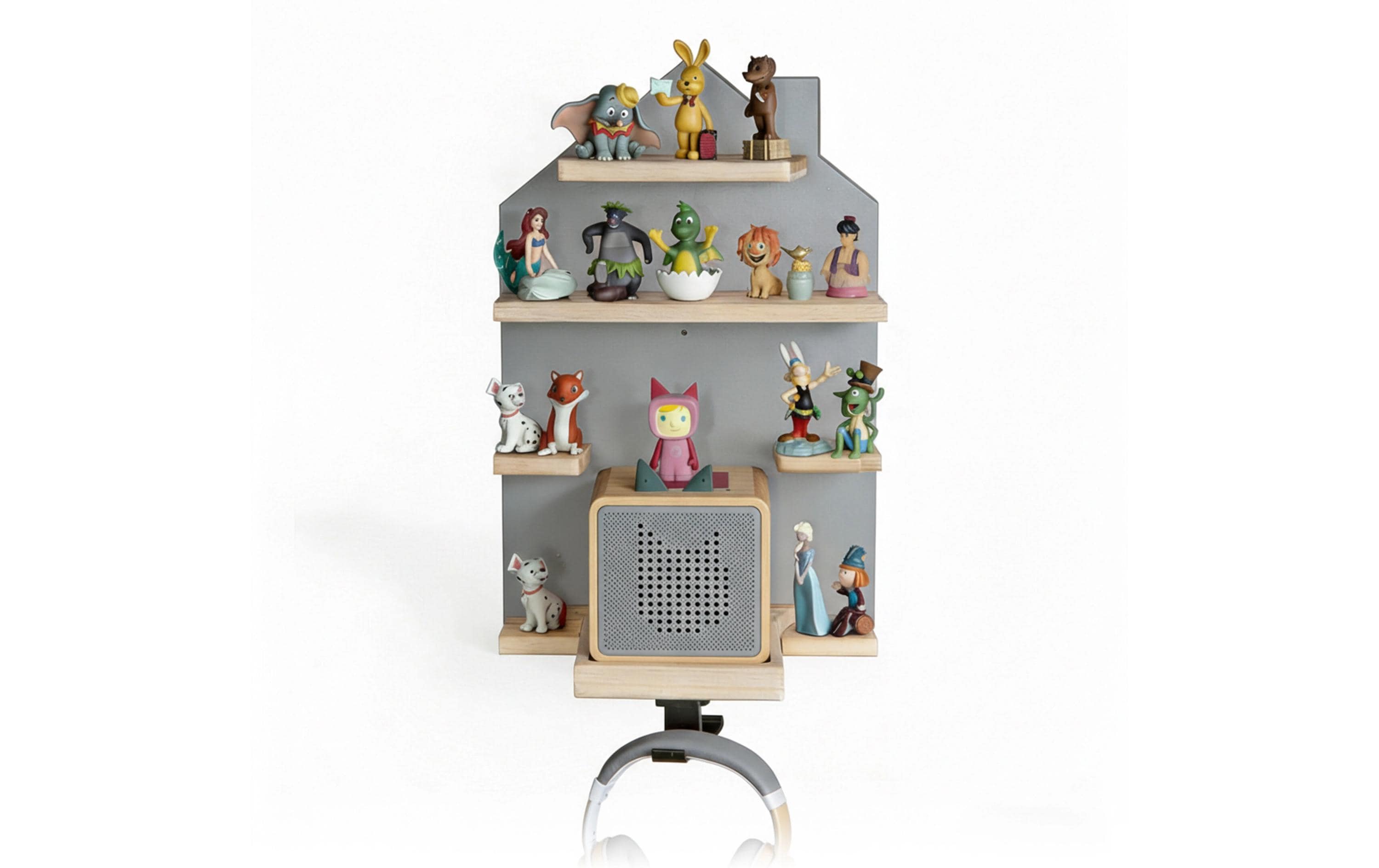Relaxdays Wandregal, Toniebox Haus – 6 Böden – 28 × 17 × 43 cm – Grau/Hellbraun – Kiefernholz/MDF