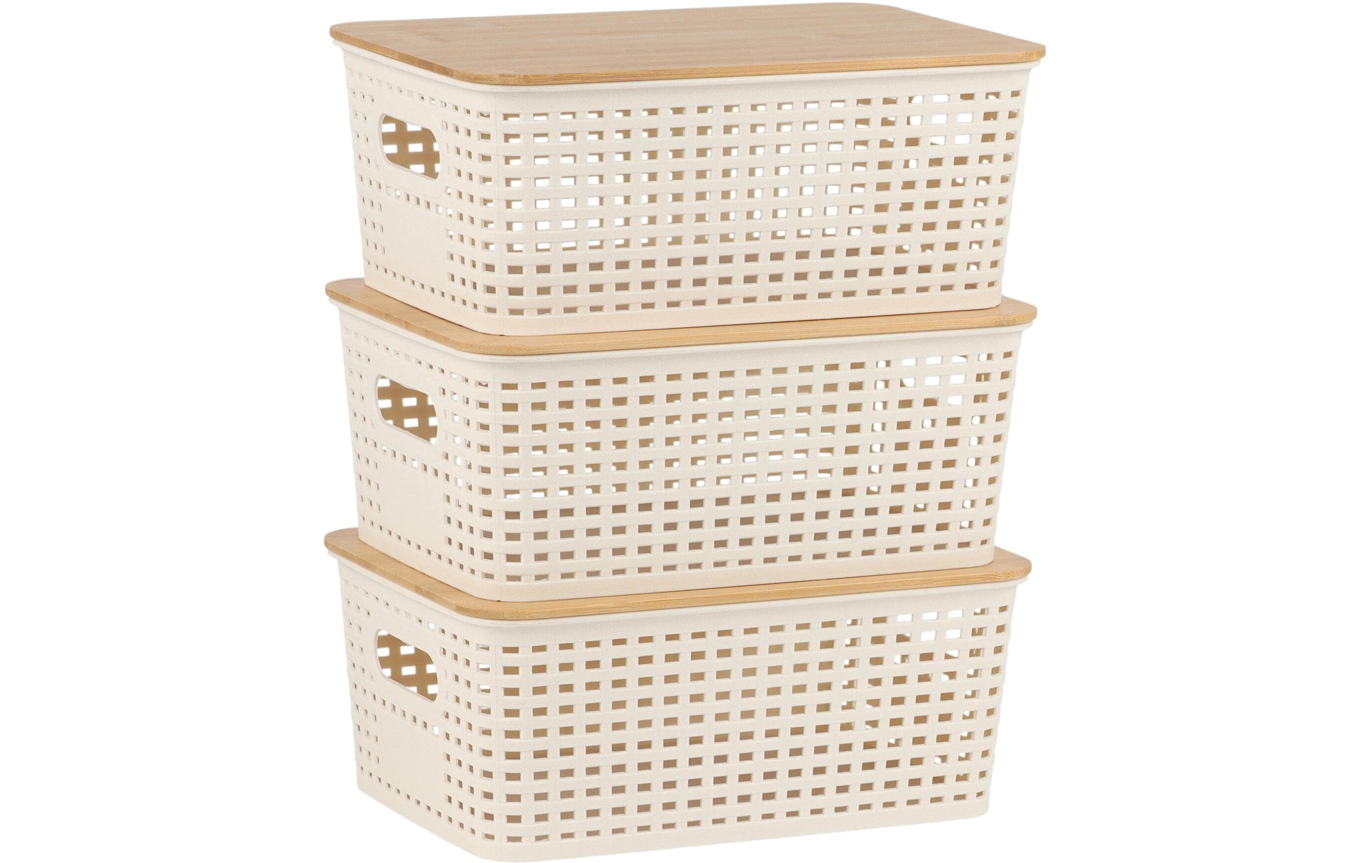 Relaxdays Aufbewahrungsbox (mit Deckel) – Kunststoff/Bambus – hellbraun/weiss – 3 Stück – 255 × 105 × 180 mm