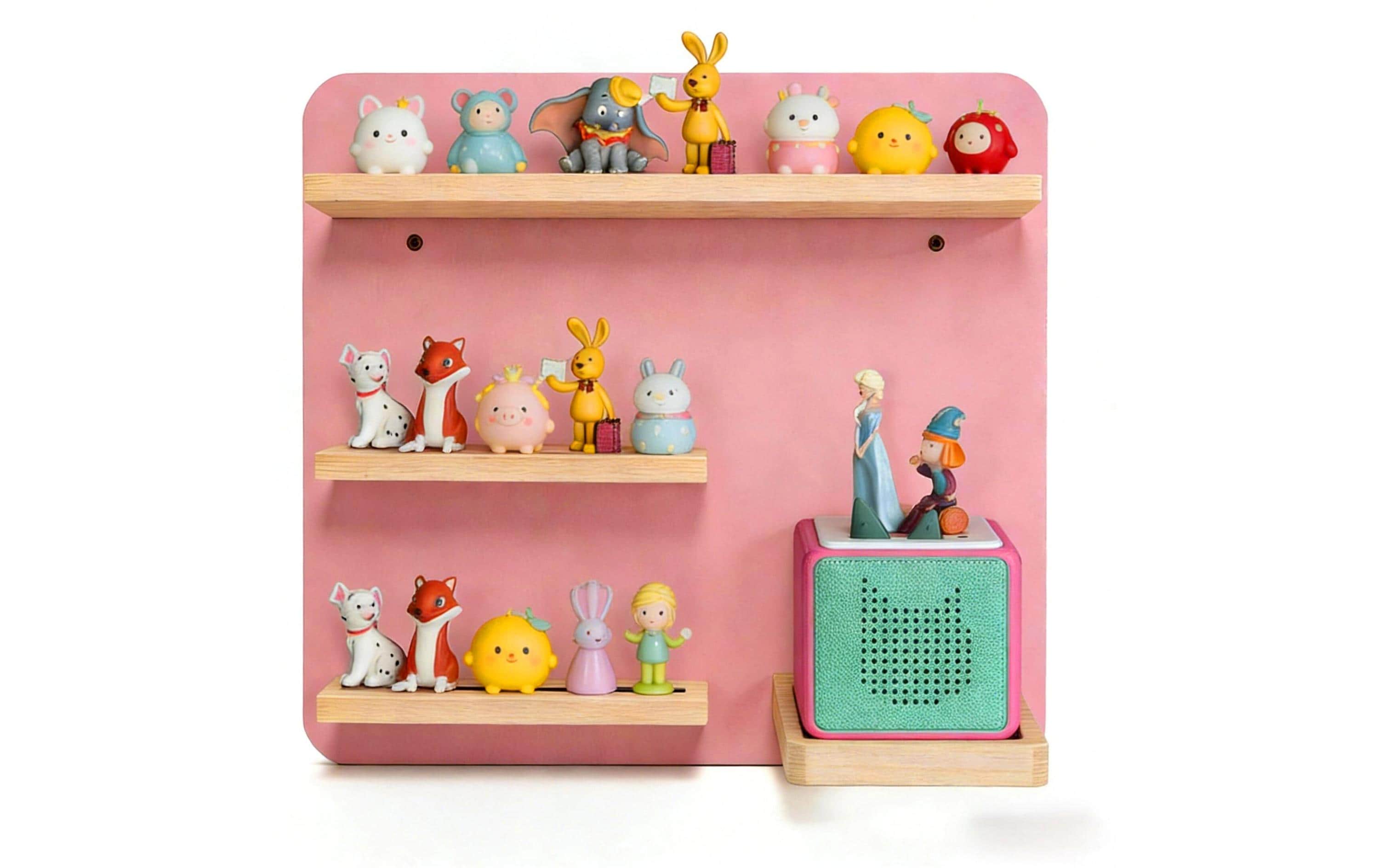Relaxdays Wandregal – Wandmontage – 4 Böden – 39 × 15 × 29 cm – für Toniebox – Hellbraun/Rosa – Kiefer/MDF