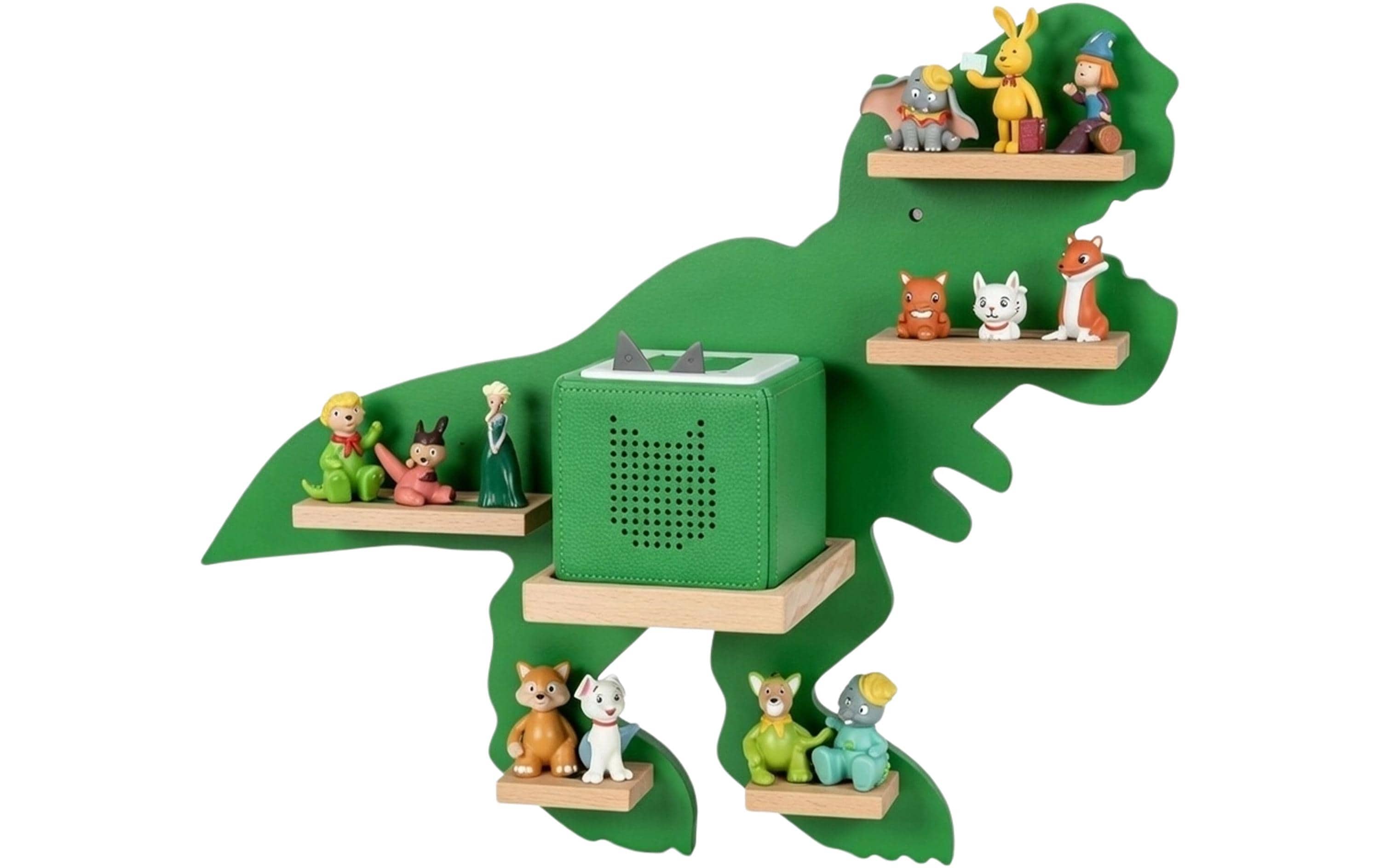 Relaxdays Wandregal – 6 Böden – 59 × 15 × 45 cm – für Toniebox Dino – grün/hellbraun – MDF