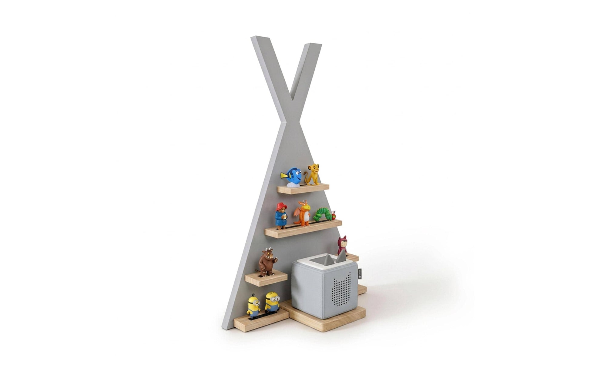 Relaxdays Kinderregal Toniebox Zelt Wandhalterung – Kiefernholz/MDF – Grau/Hellbraun – 490 × 690 × 90 mm