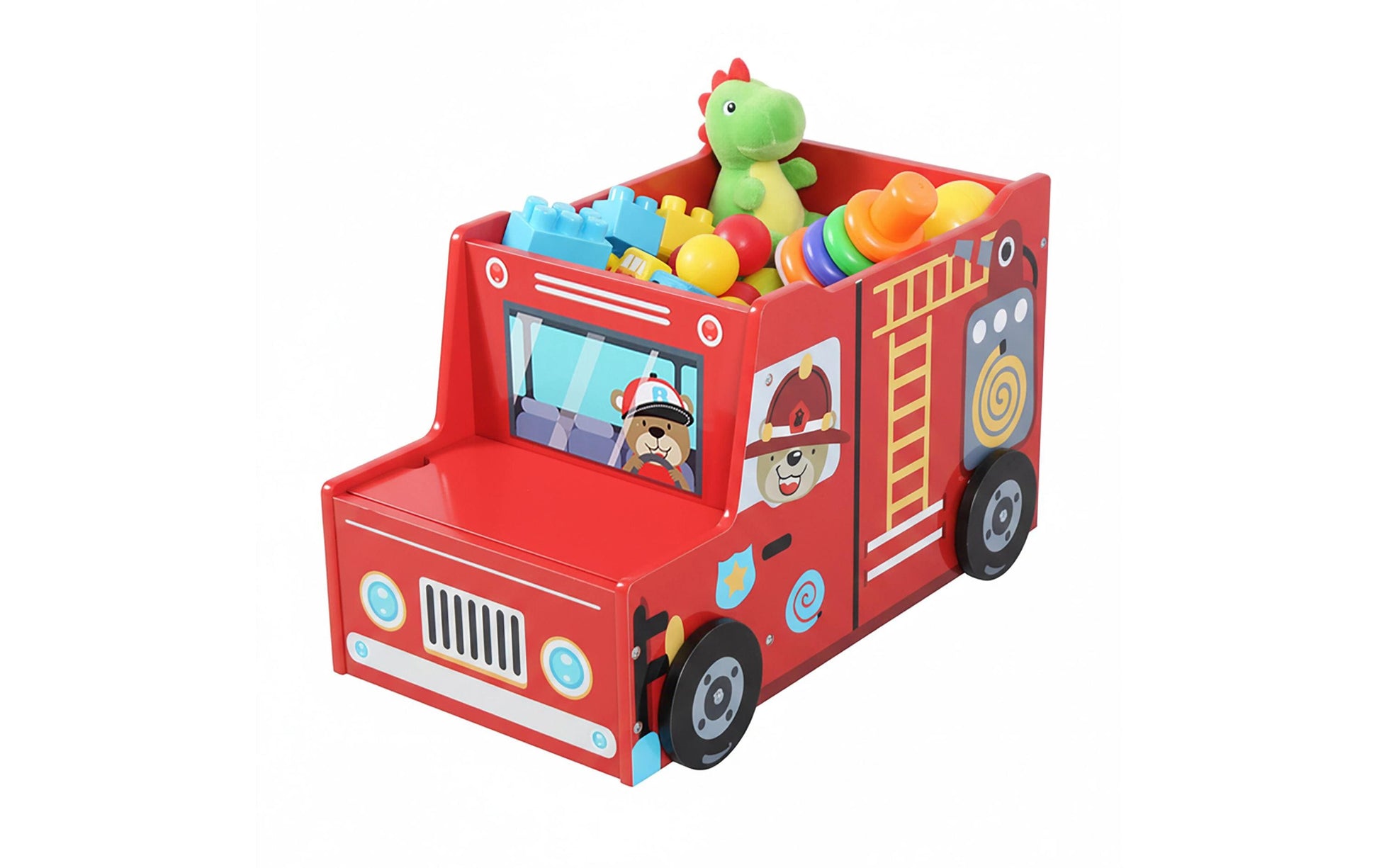 Relaxdays Spielzeugkiste Feuerwehr – Holz – Blau/Gelb/Rot – 600 × 340 × 320 mm