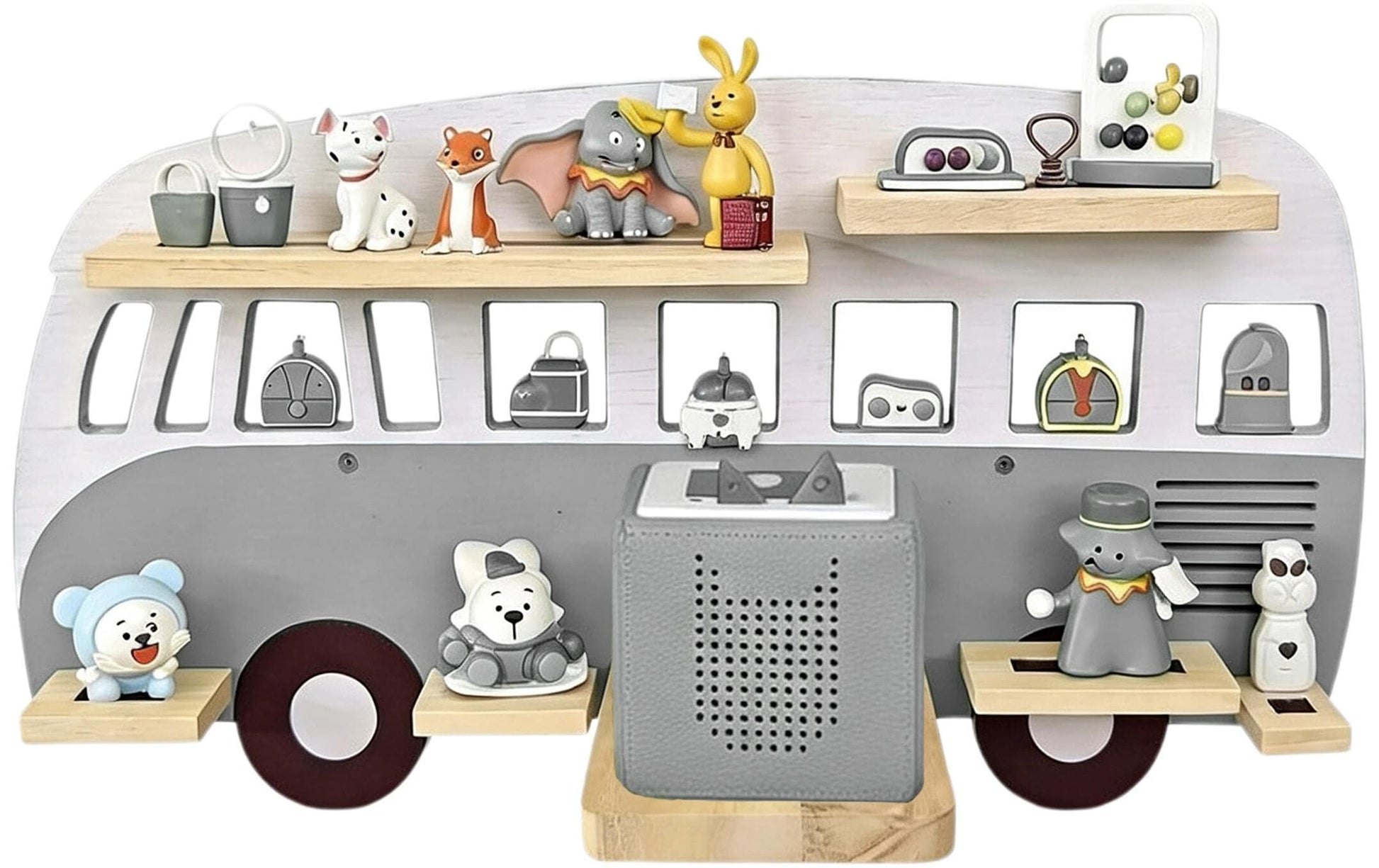 Relaxdays Wandregal Toniebox Bus – 6 Böden – 62 × 13 × 32 cm – Braun/Grau – Kiefer/MDF