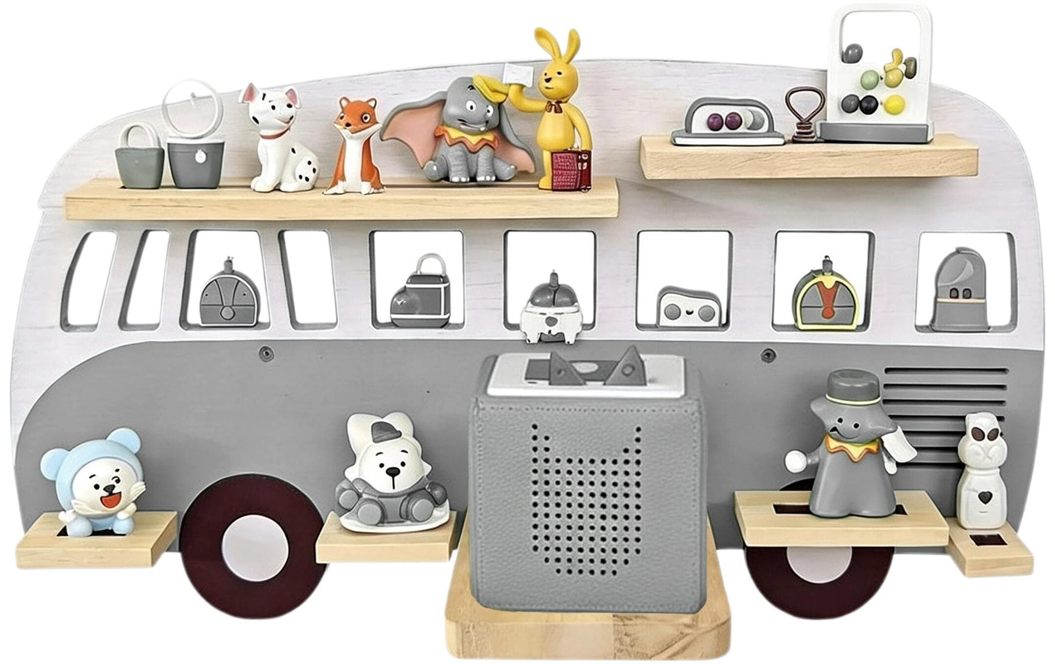 Relaxdays Wandregal Toniebox Bus – 6 Böden – 62 × 13 × 32 cm – Braun/Grau – Kiefer/MDF