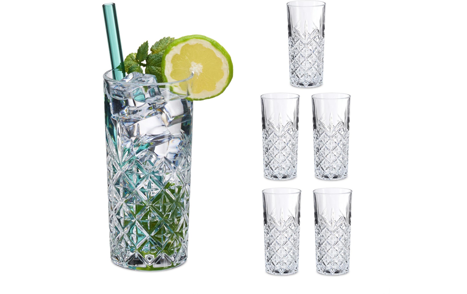 Relaxdays Longdrinkgläser – 6er Set, 300 ml, Ø 7 cm, Glas, Transparent, spülmaschinenfest