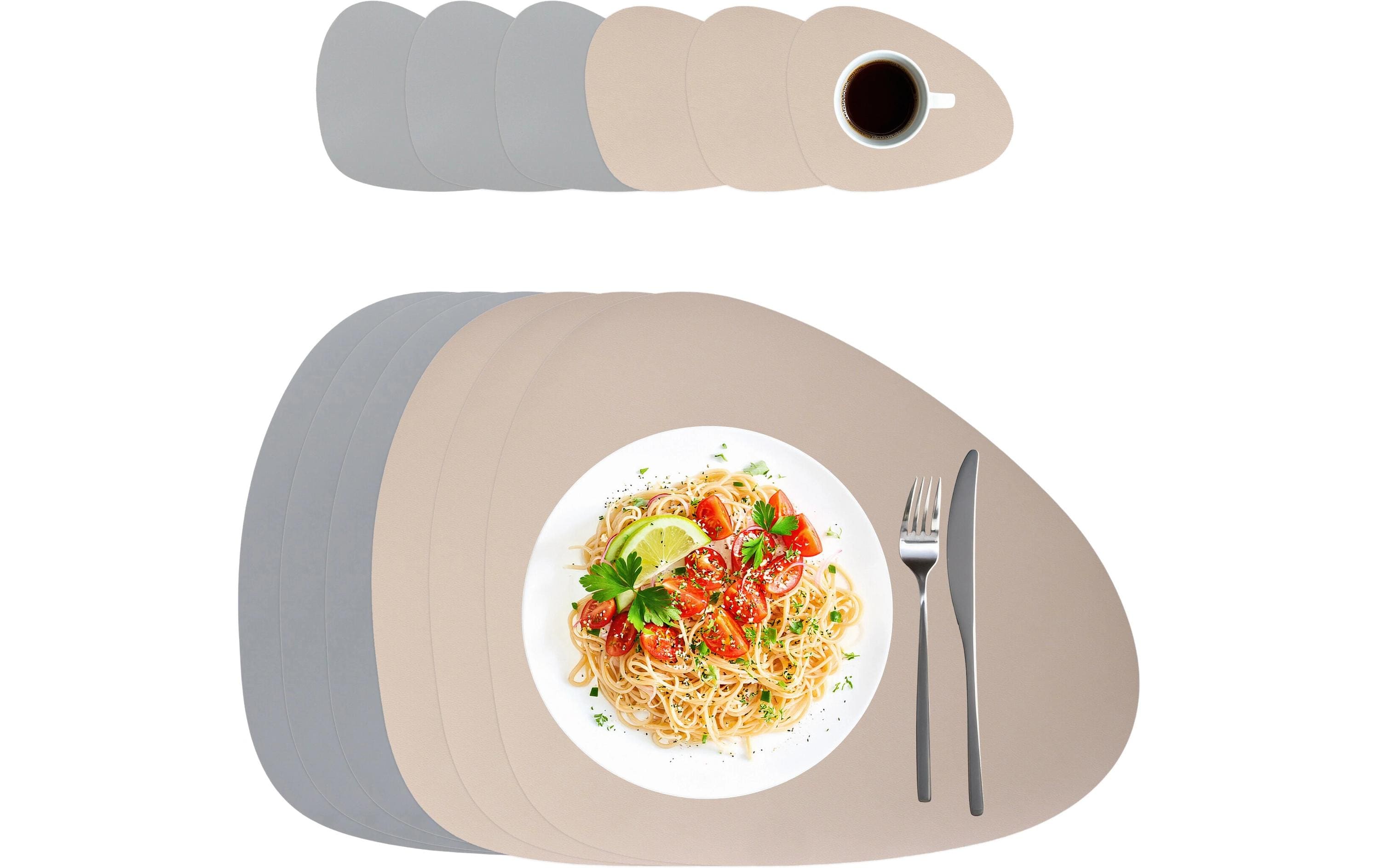 Relaxdays Tischset – oval, Kunstleder (PVC), beige/grau, 40,5 × 30 cm – 12er-Set