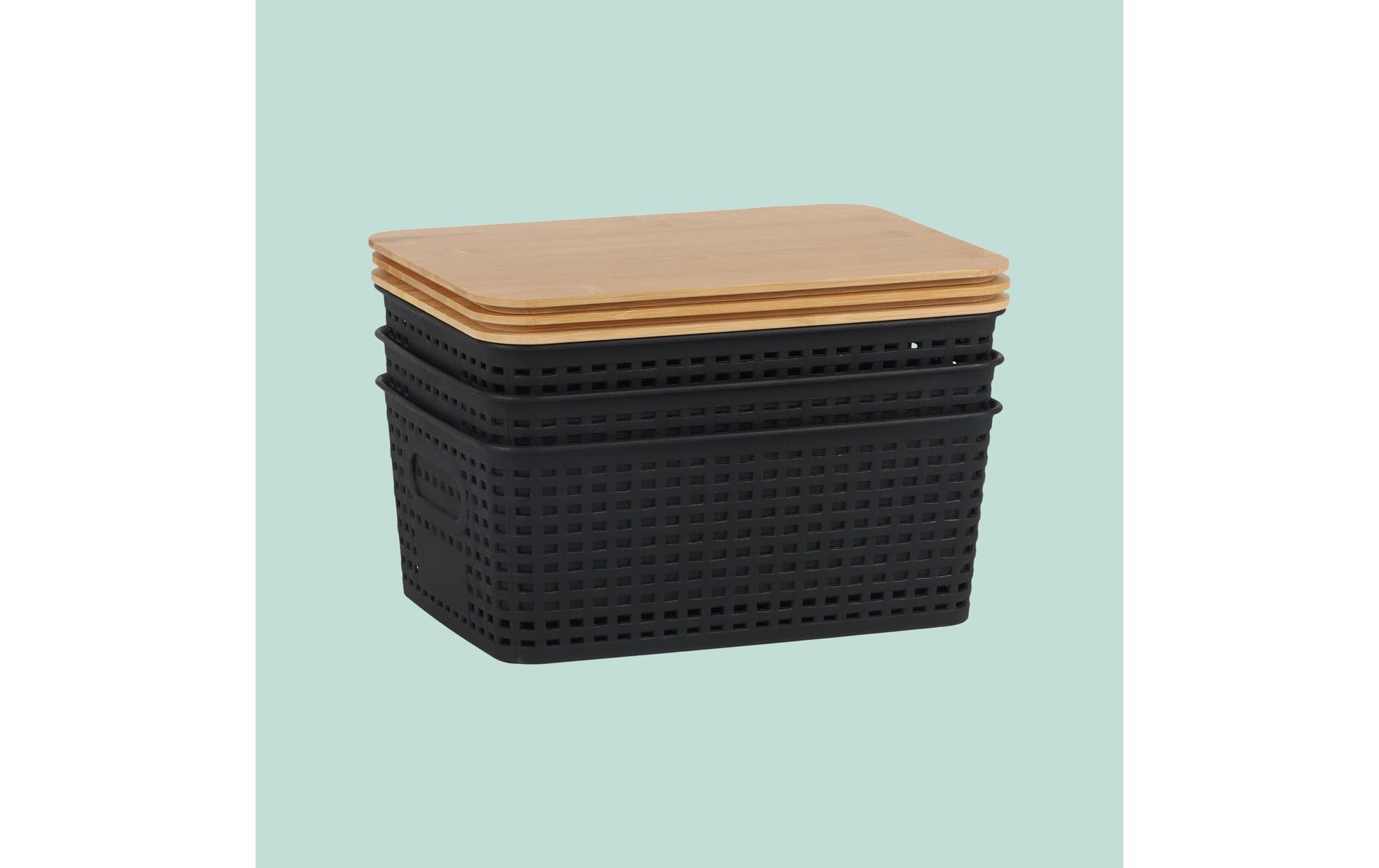 Relaxdays Aufbewahrungsbox mit Deckel – Kunststoff/Bambus – Natur/Schwarz – 255 × 105 × 180 mm – 3-teiliges Set