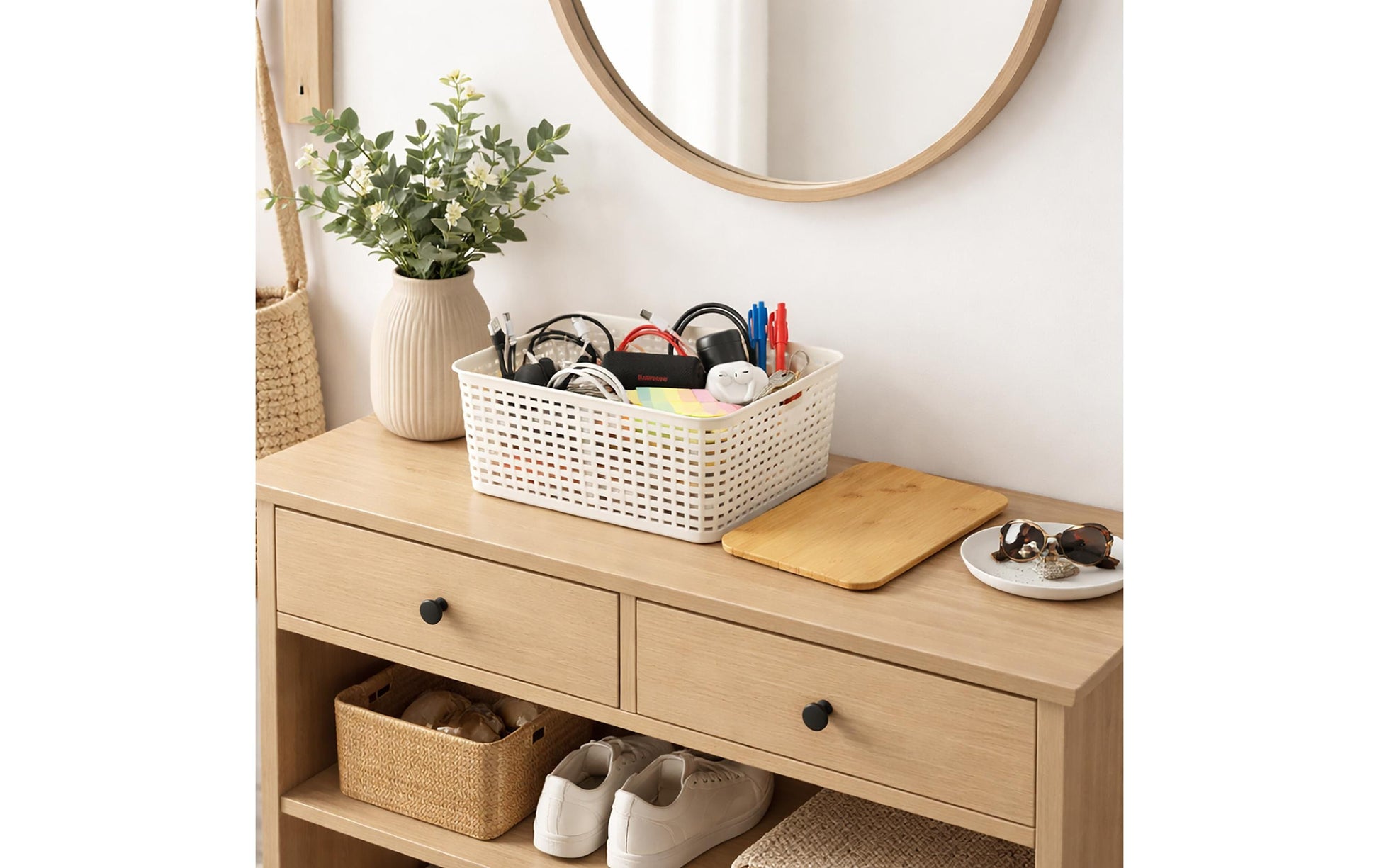 Relaxdays Aufbewahrungsbox (mit Deckel) – Kunststoff/Bambus – hellbraun/weiss – 3 Stück – 255 × 105 × 180 mm