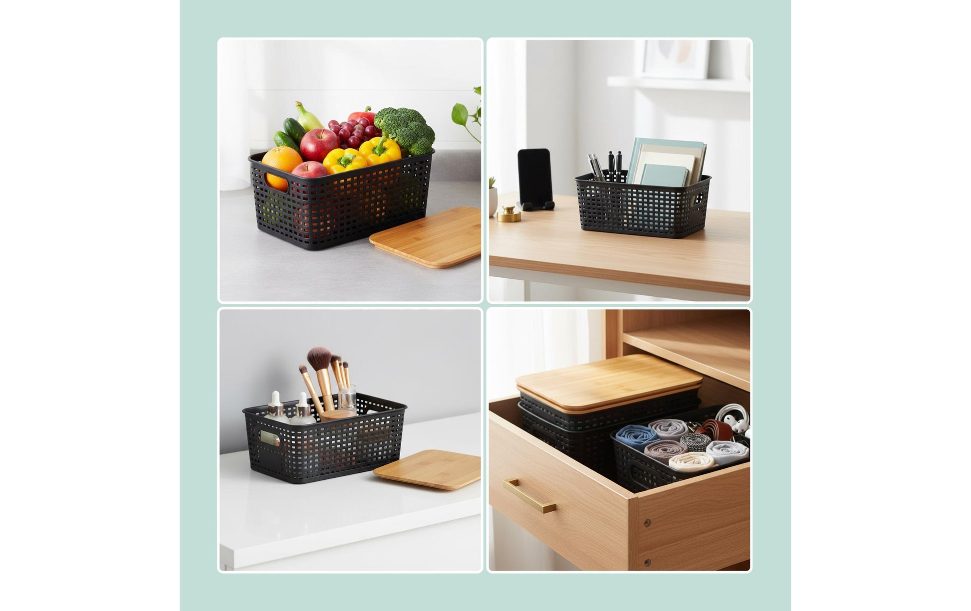 Relaxdays Aufbewahrungsbox mit Deckel – Kunststoff/Bambus – Natur/Schwarz – 255 × 105 × 180 mm – 3-teiliges Set